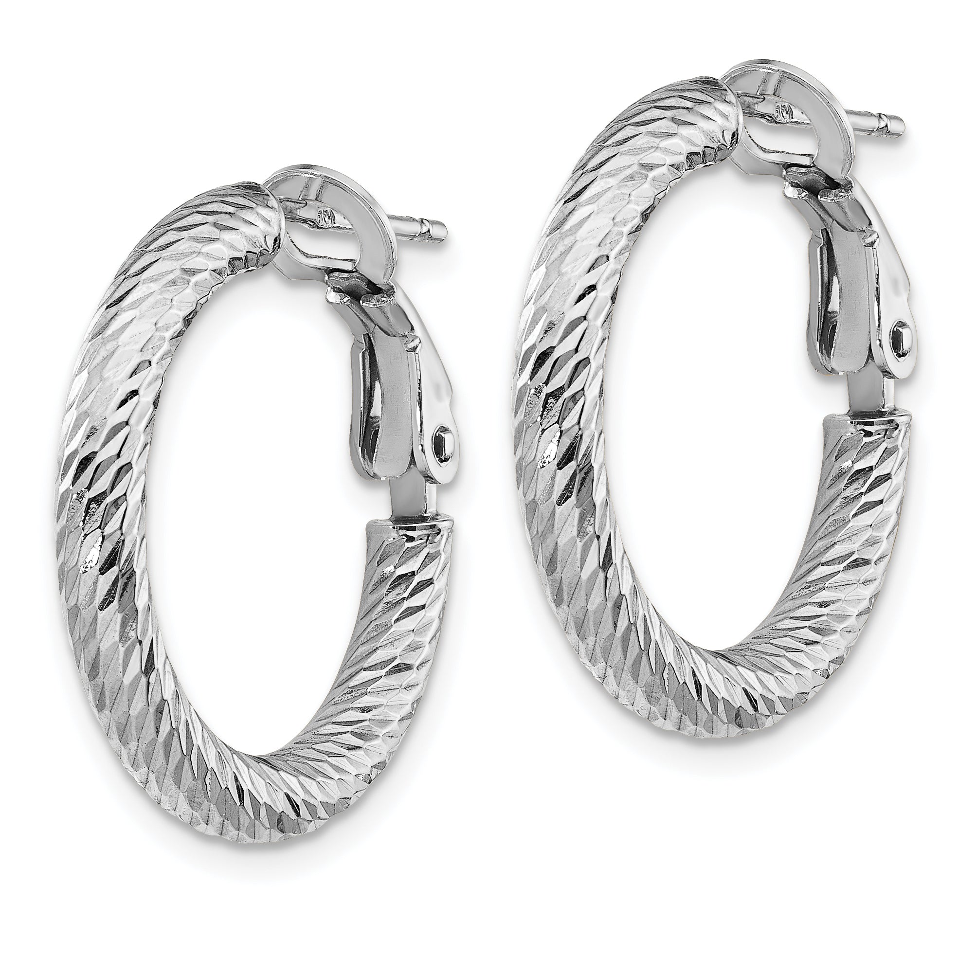 14k 3x15mm White Gold Diamond-cut Round Omega Back Hoop Earrings Secondary image