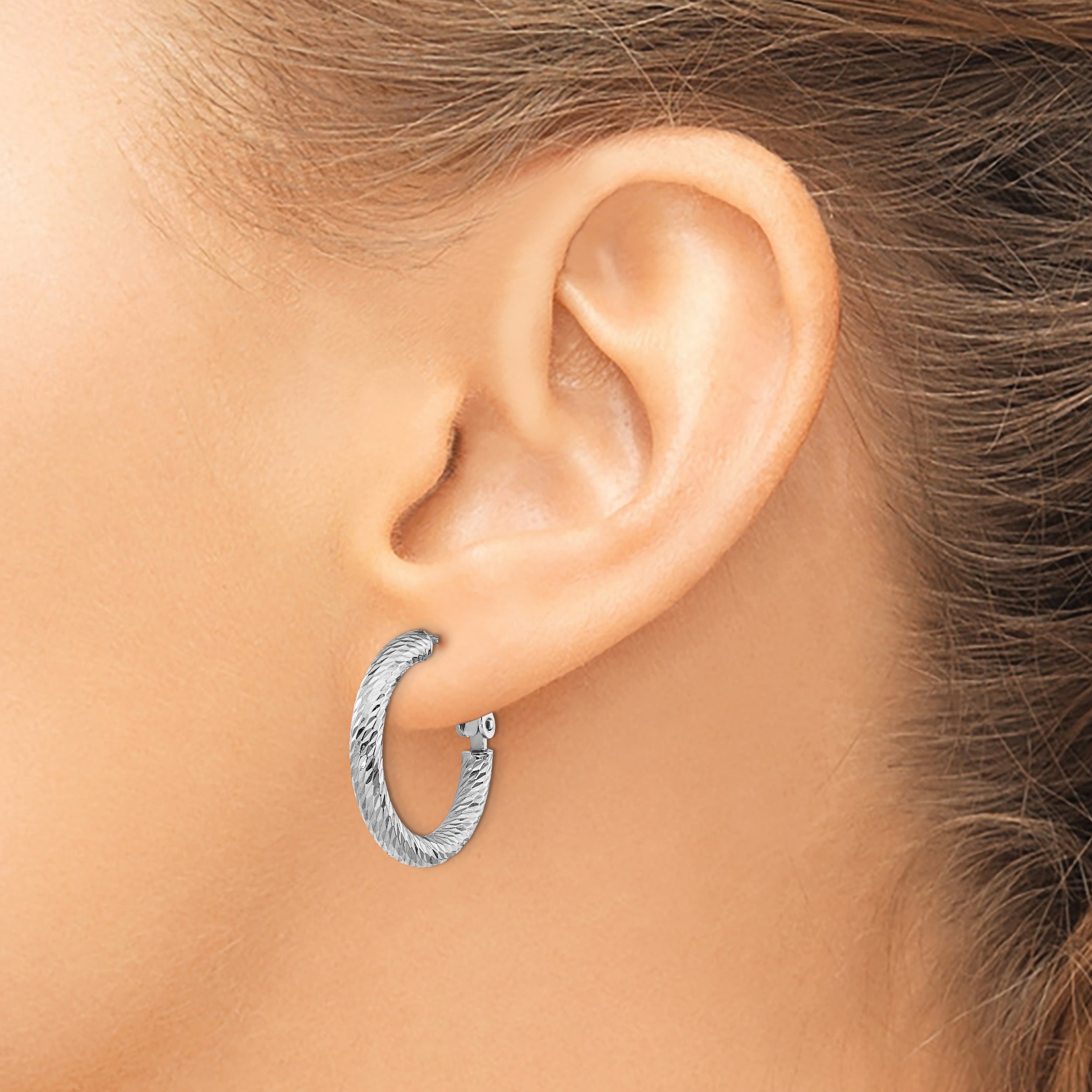 14k 3x15mm White Gold Diamond-cut Round Omega Back Hoop Earrings