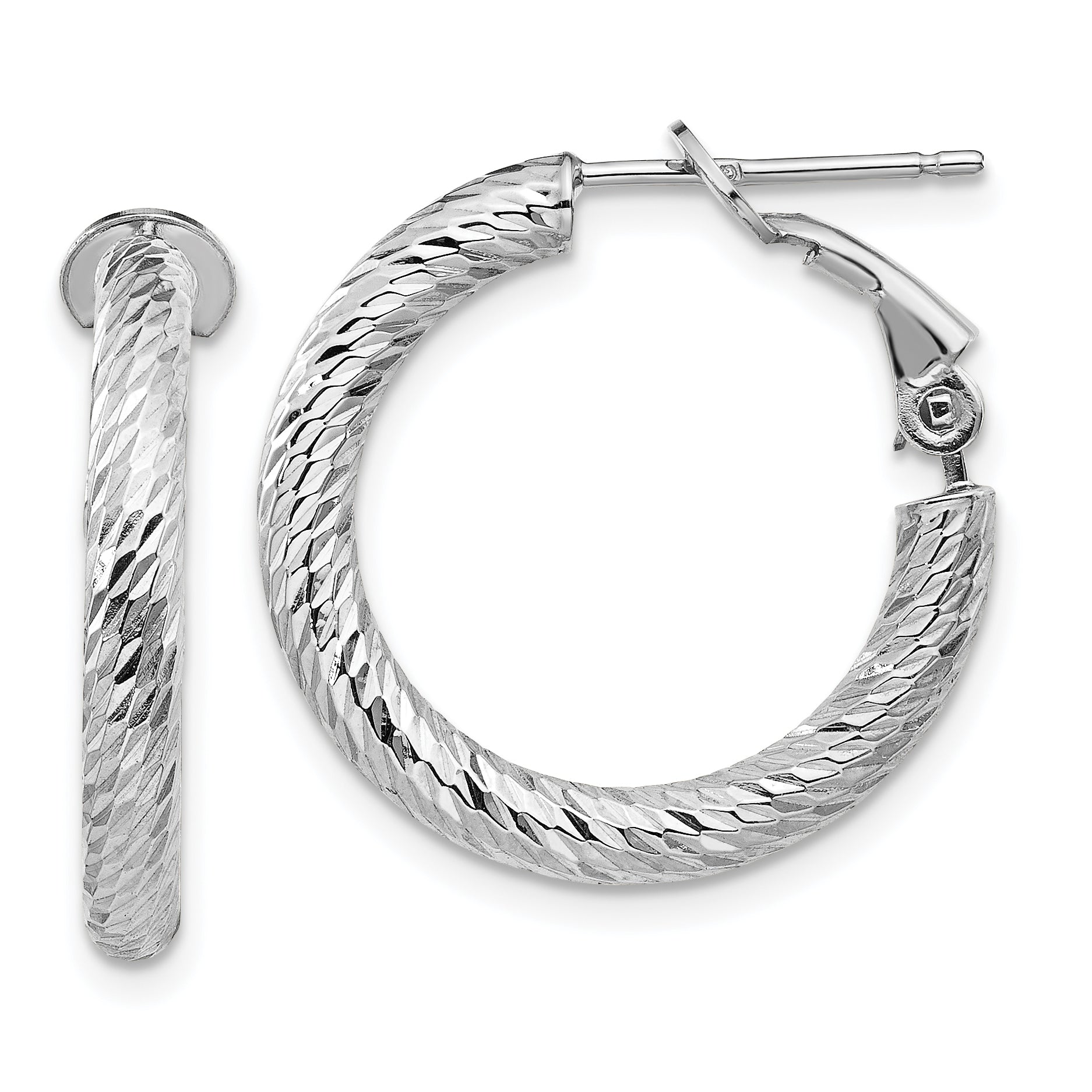 14k 3x15mm White Gold Diamond-cut Round Omega Back Hoop Earrings
