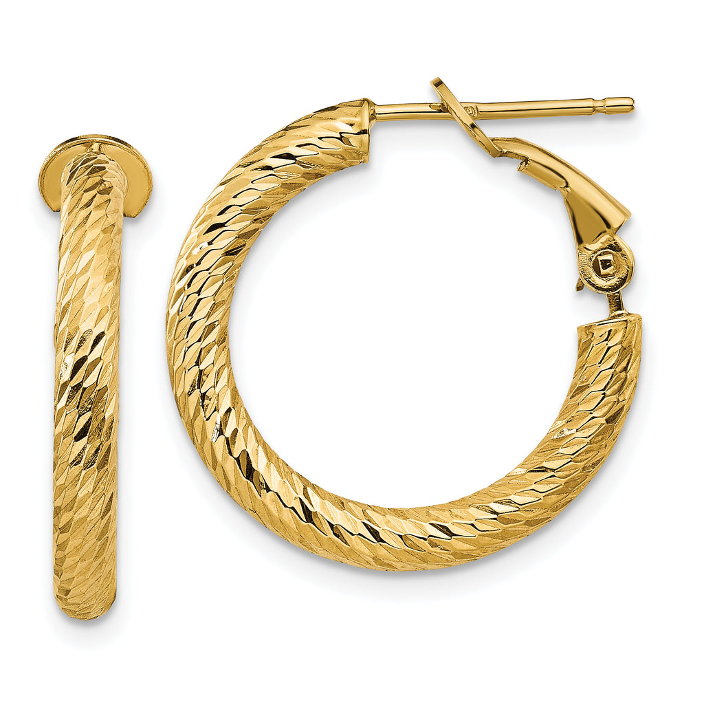 14k 3mm Polished Diamond-cut Round Omega Back Hoop Earrings