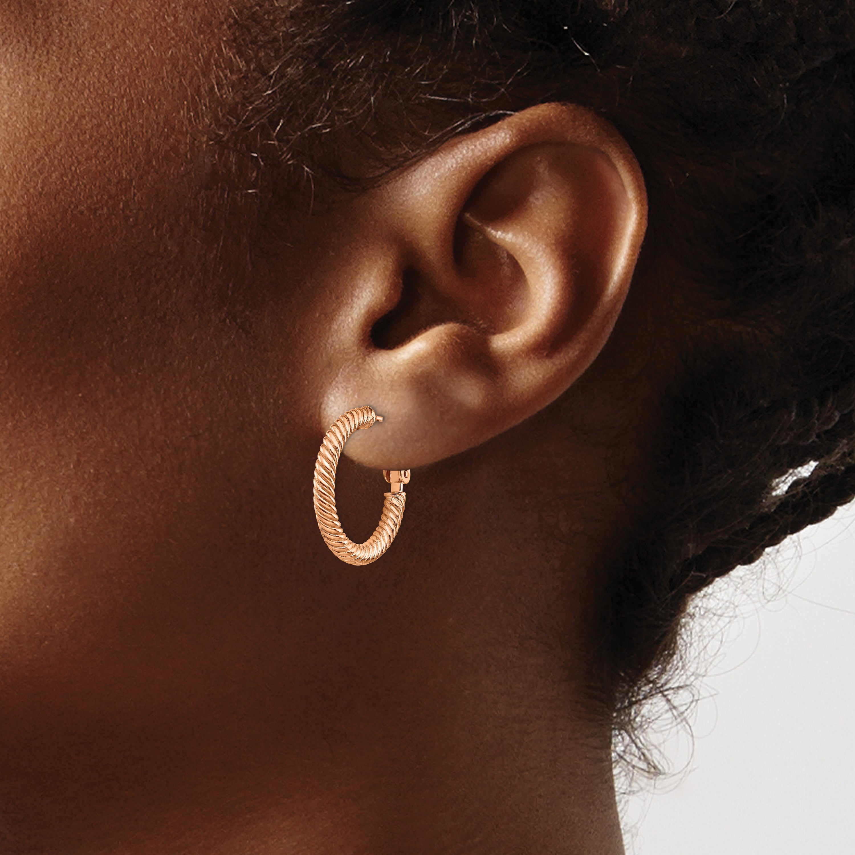 14k 3x15mm Rose Gold Twisted Round Hoop Earrings