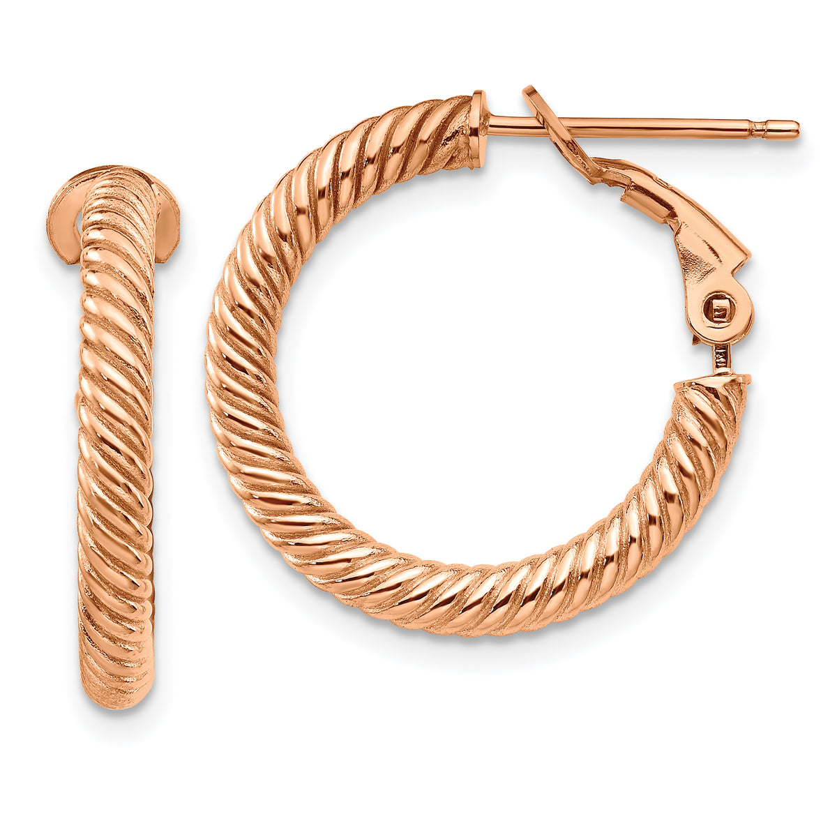 14k 3x15mm Rose Gold Twisted Round Hoop Earrings
