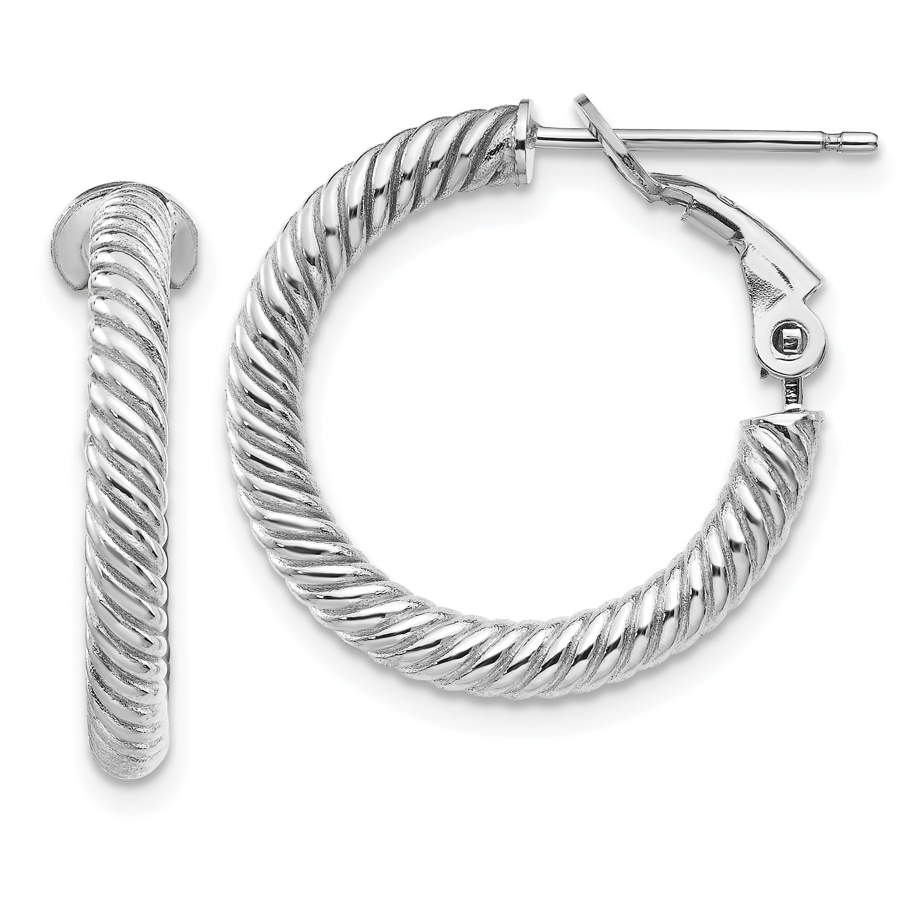14k 3x15mm White Gold Twisted Round Hoop Earrings