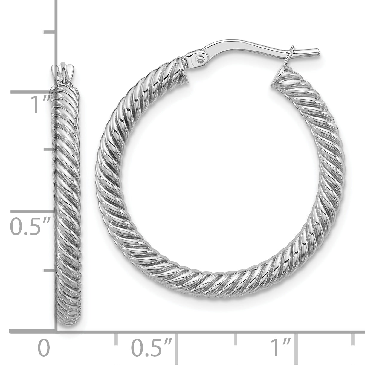 14k 3x20mm White Gold Twisted Round Hoop Earrings