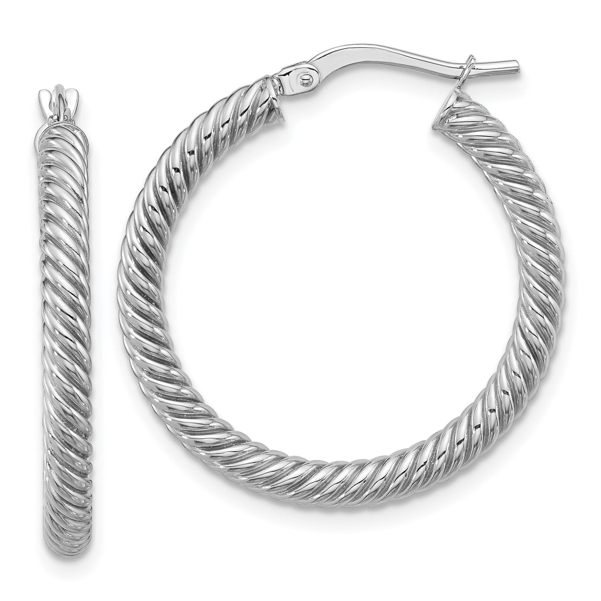 14k 3x20mm White Gold Twisted Round Hoop Earrings