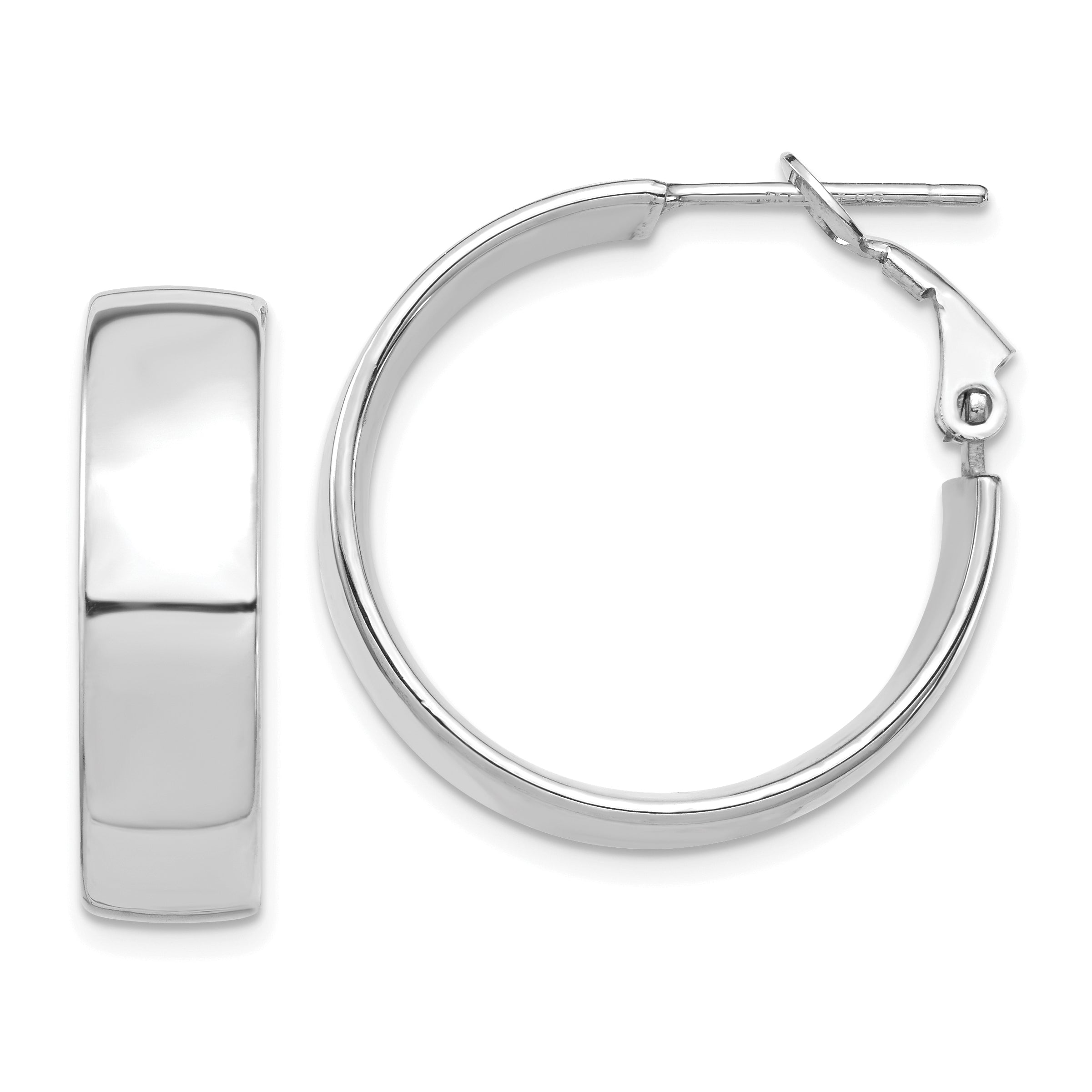 14k White Gold High Polished 7mm Omega Back Hoop Earrings Main image