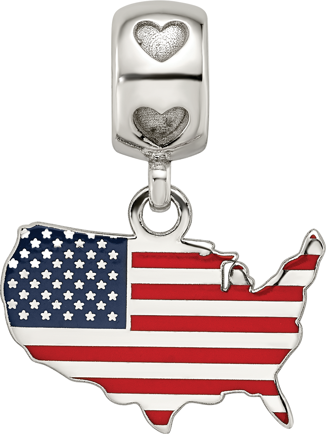 S/S FLAG IN US MAP ENAMELED ON HEART BEAD BAIL