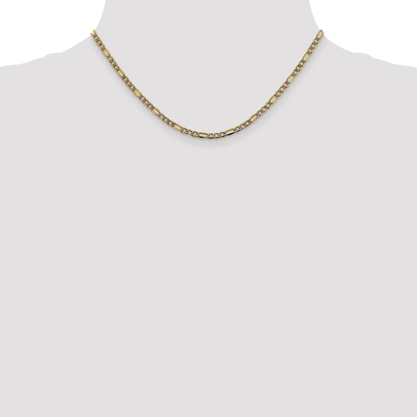 14K 16 inch 3.2mm Semi-Solid with Rhodium Pav‚ Figaro with Lobster Clasp Chain