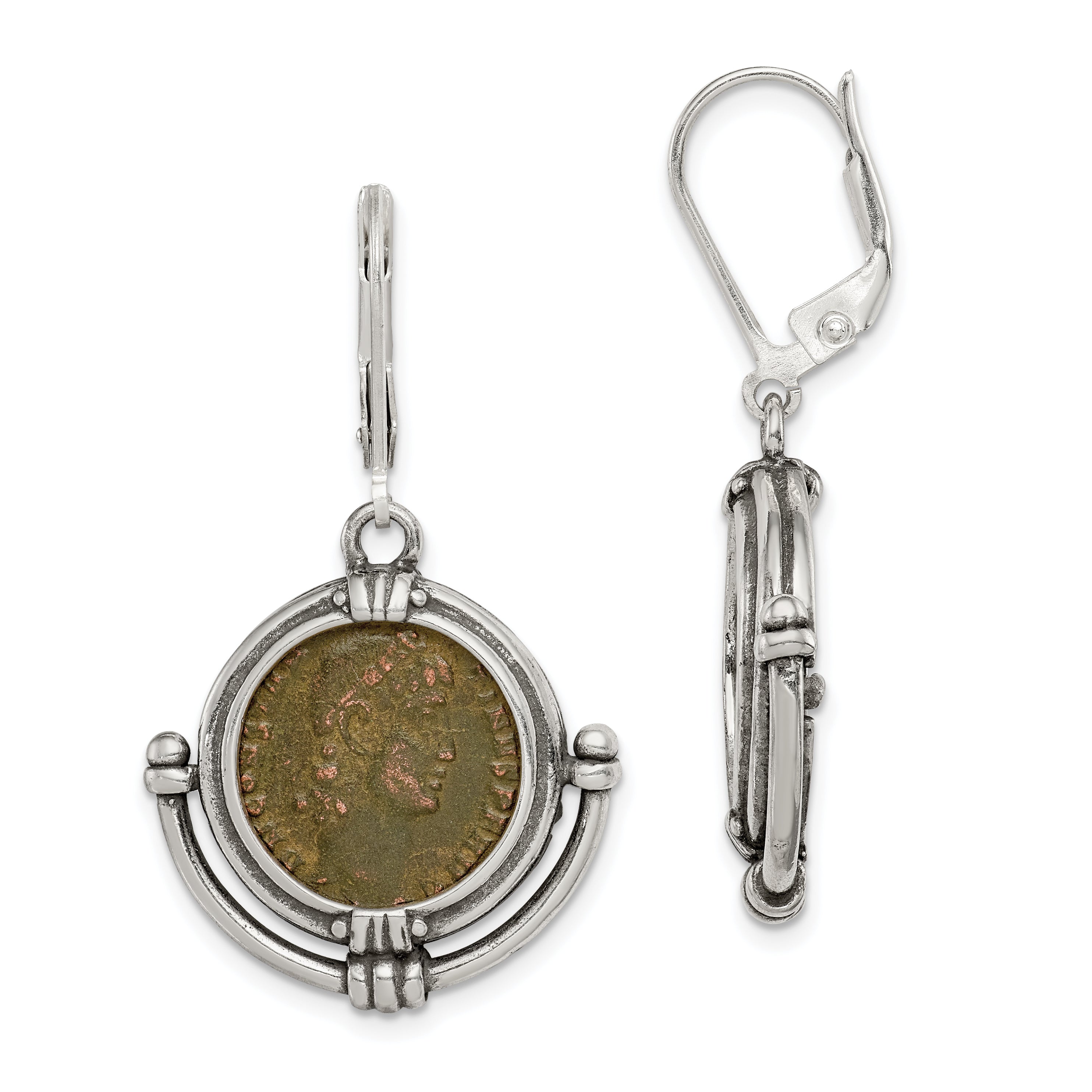 Ancient Coins Sterling Silver and Bronze Antiqued Roman Coin Leverback Dangle Earrings with a Certificate of Authenticity