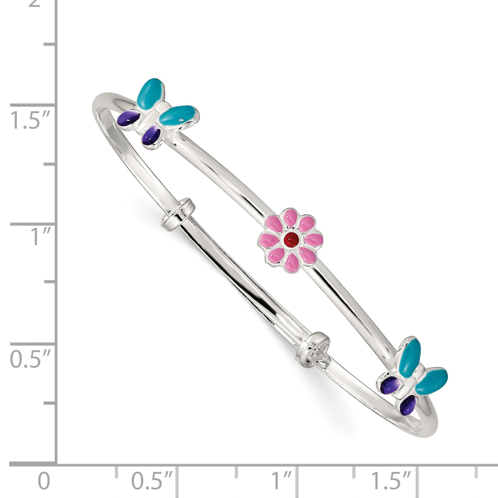 Sterling Silver 925 Children's Bangle with Enamel Flowers & Butterflies, Adjustable & Handcrafted