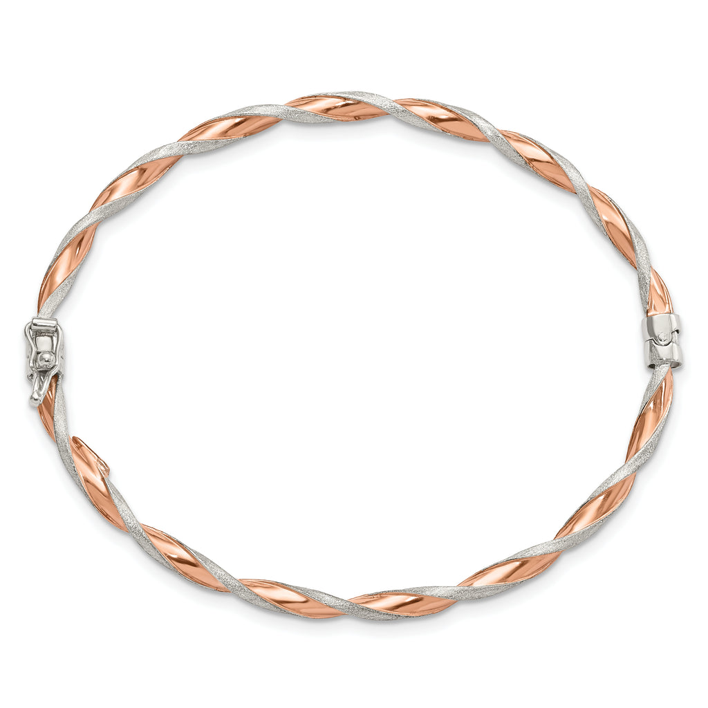Sterling Silver Rose-tone Satin/Polish Twisted 3mm Hinged Bangle