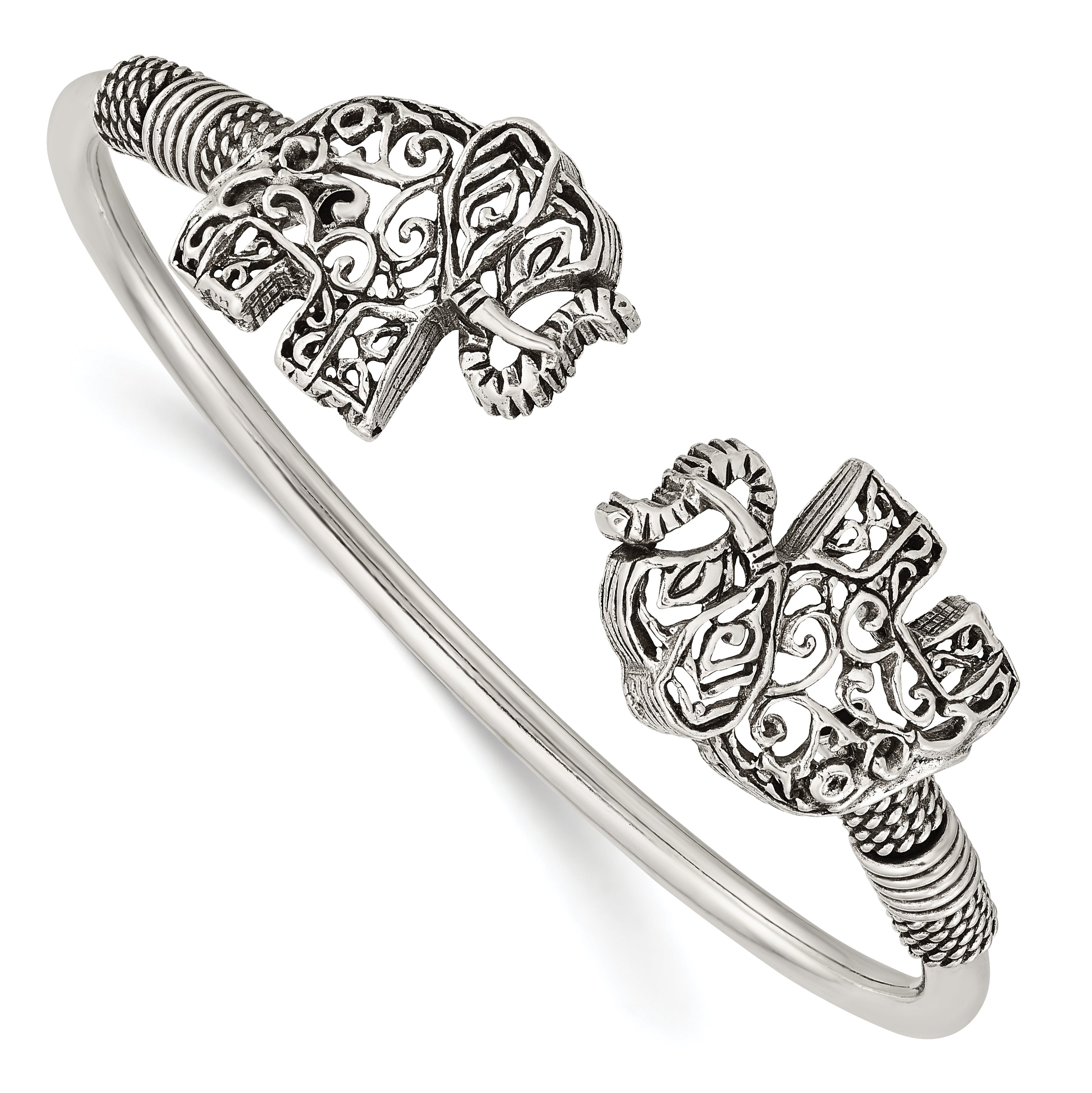 Sterling Silver Polished Antiqued Filigree Elephants Flexible Bangle Main image