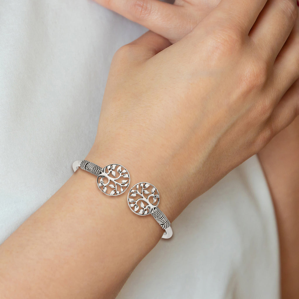 Sterling Silver 925 Flexible Tree Cuff Bracelet with Polished Antiqued Finish