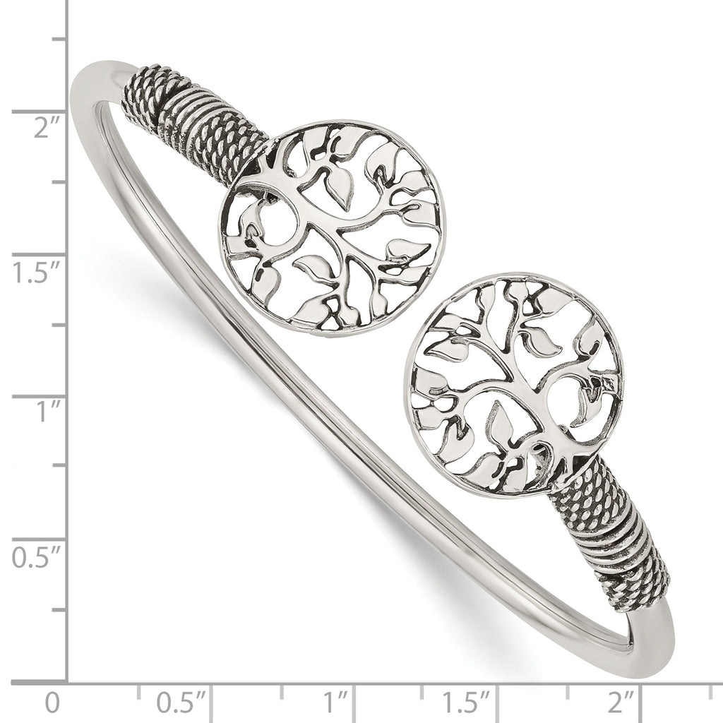 Sterling Silver 925 Flexible Tree Cuff Bracelet with Polished Antiqued Finish