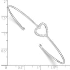 Sterling Silver CZ Heart Cuff Bangle Polished Rhodium Plated