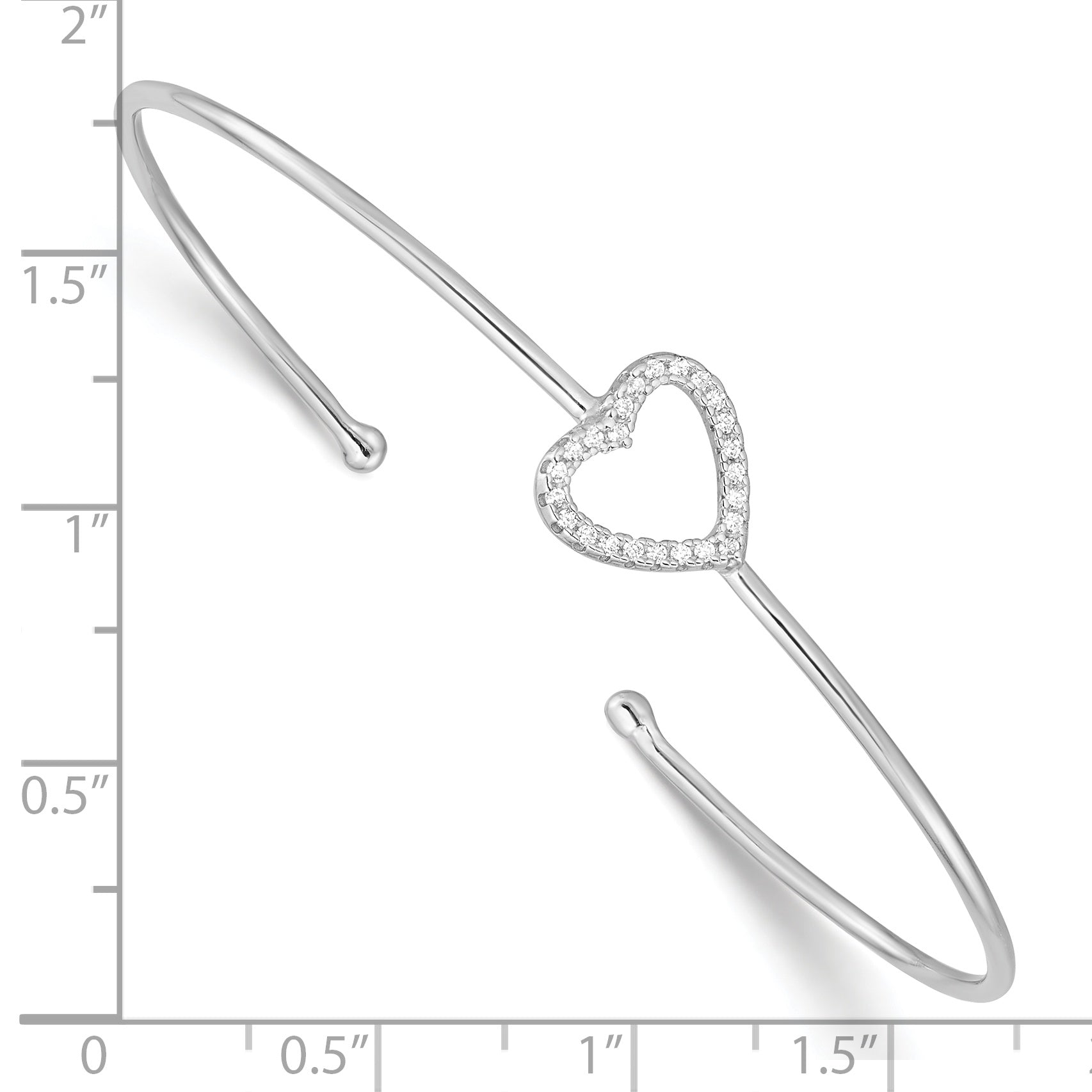 Sterling Silver CZ Heart Cuff Bangle Polished Rhodium Plated