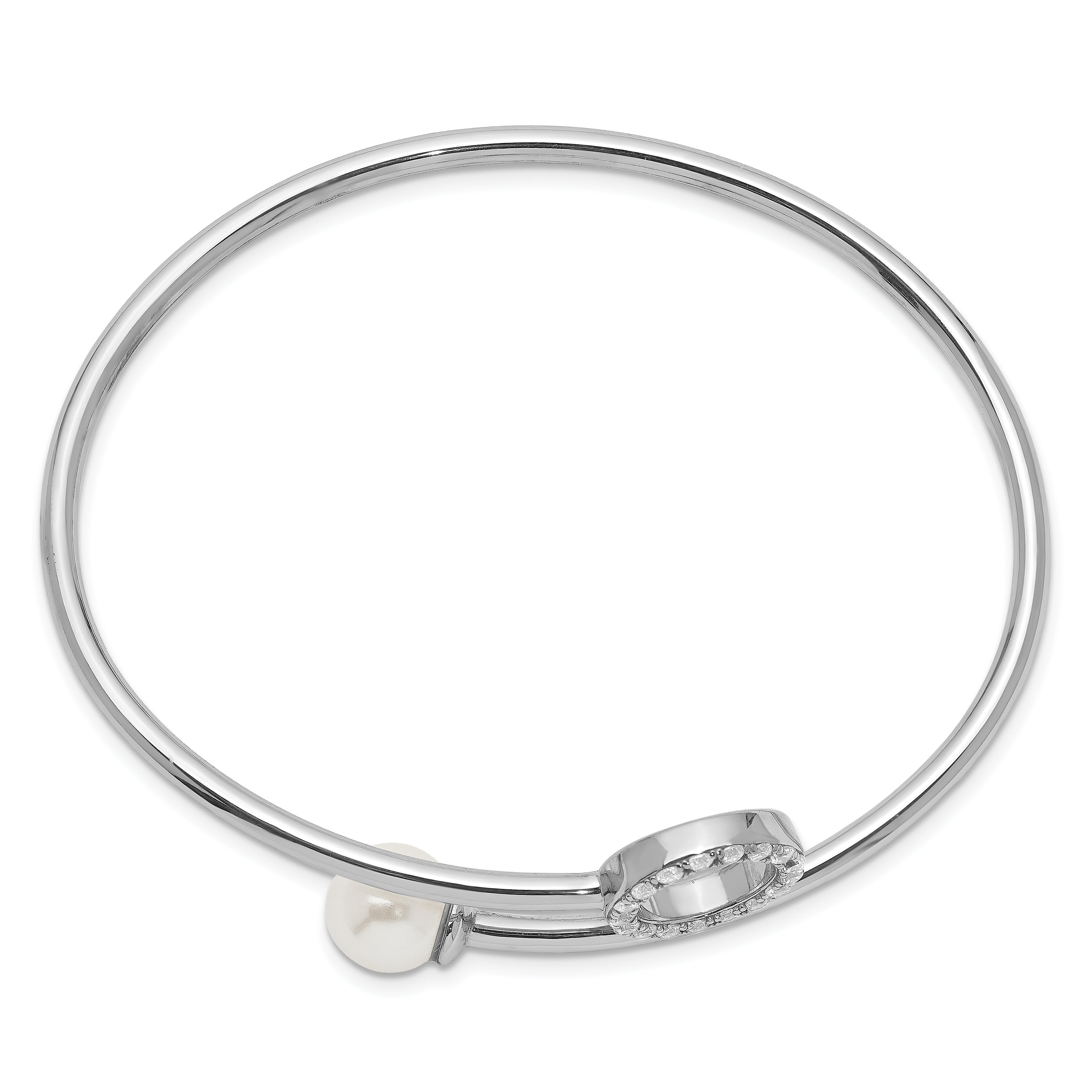 Sterling Silver Rh-pl Imitation Shell Pearl and CZ Flexible Bangle Secondary image