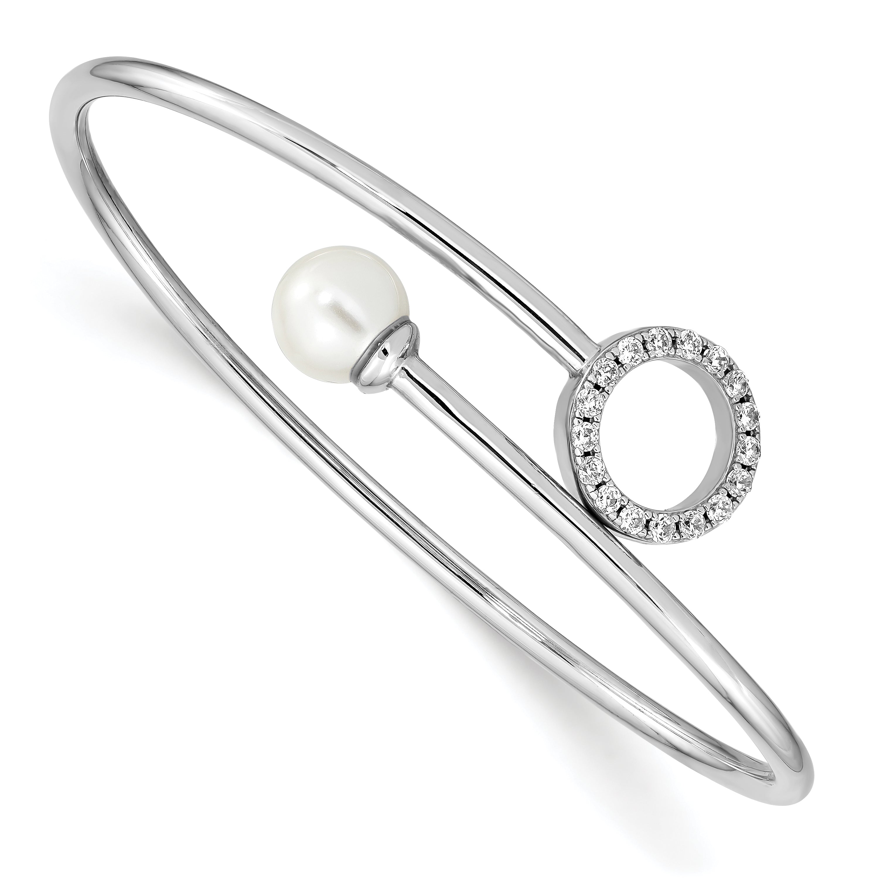 Sterling Silver Rh-pl Imitation Shell Pearl and CZ Flexible Bangle Main image