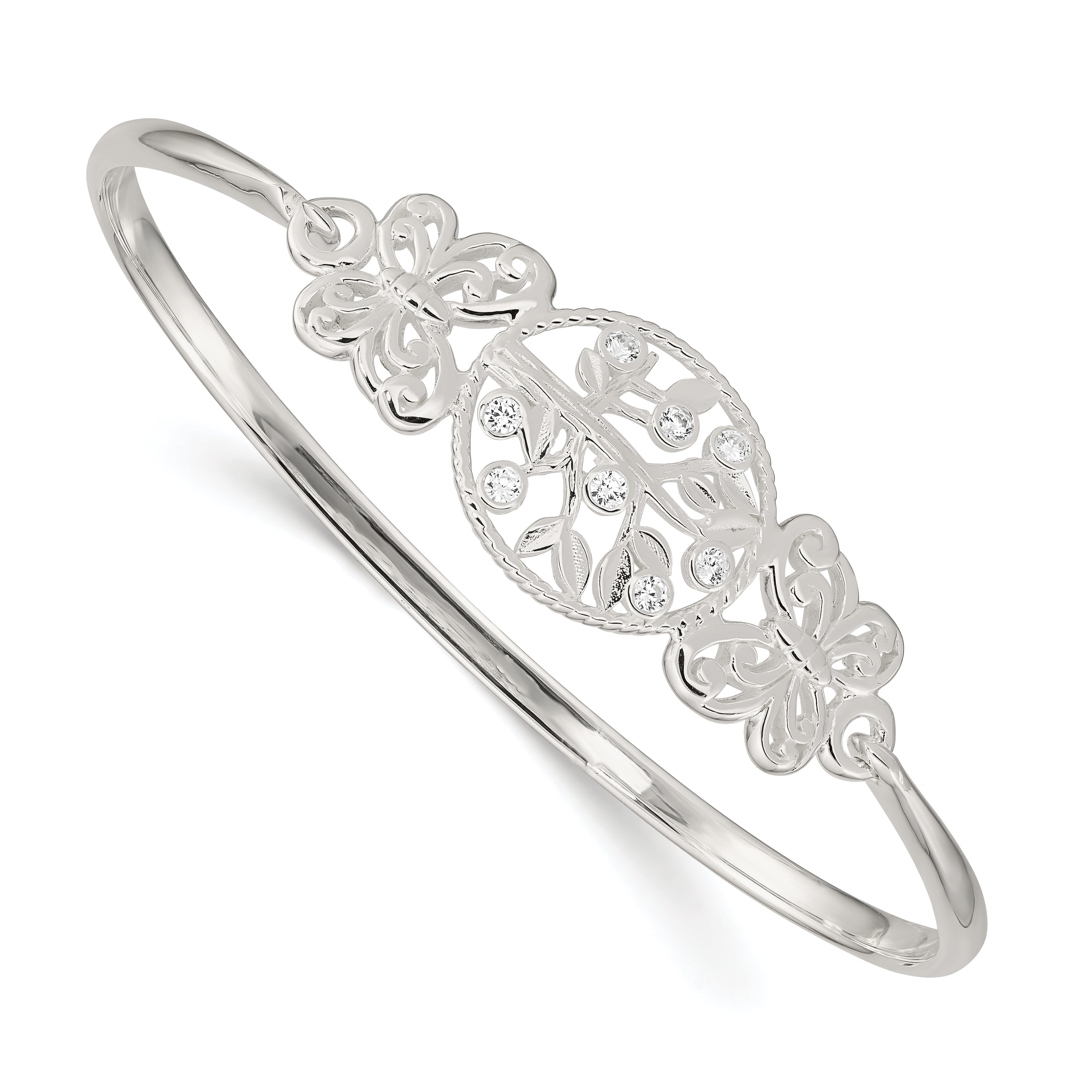 Sterling Silver Butterfly and CZ Tree Bangle Main image