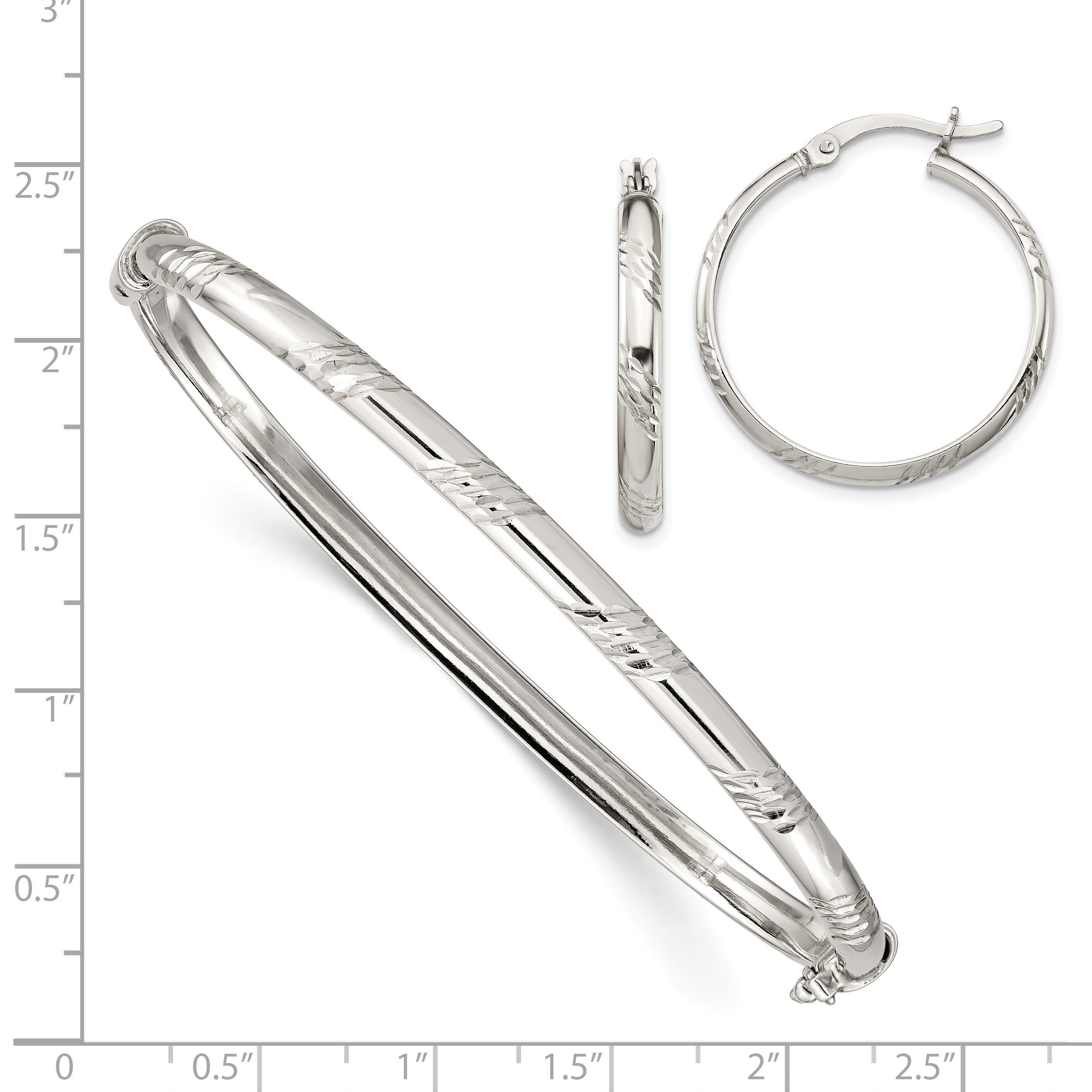 Sterling Silver Diamond Cut 4mm Bangle and 3mm Hoop Earring Set