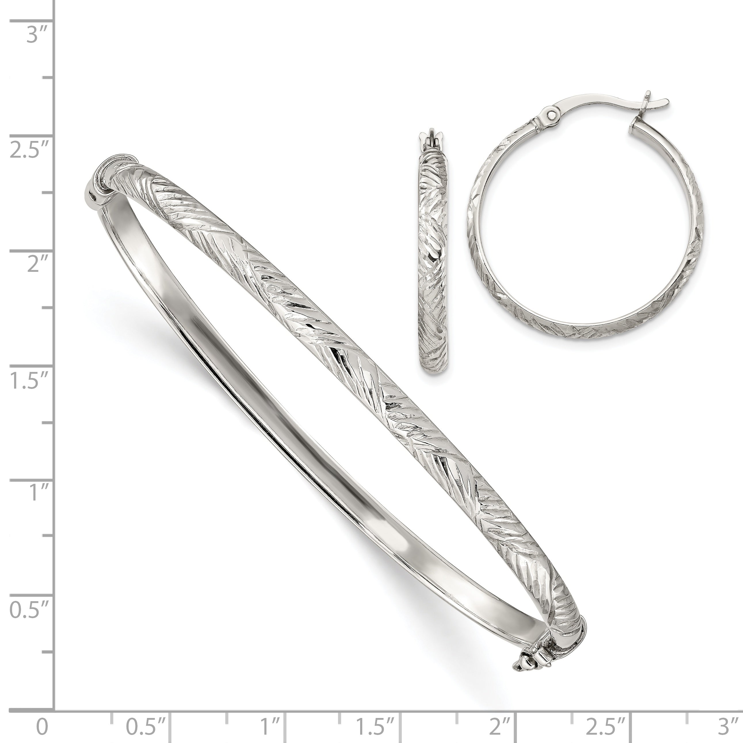 Sterling Silver Diamond Cut 4mm Bangle and 3mm Hoop Earring Set
