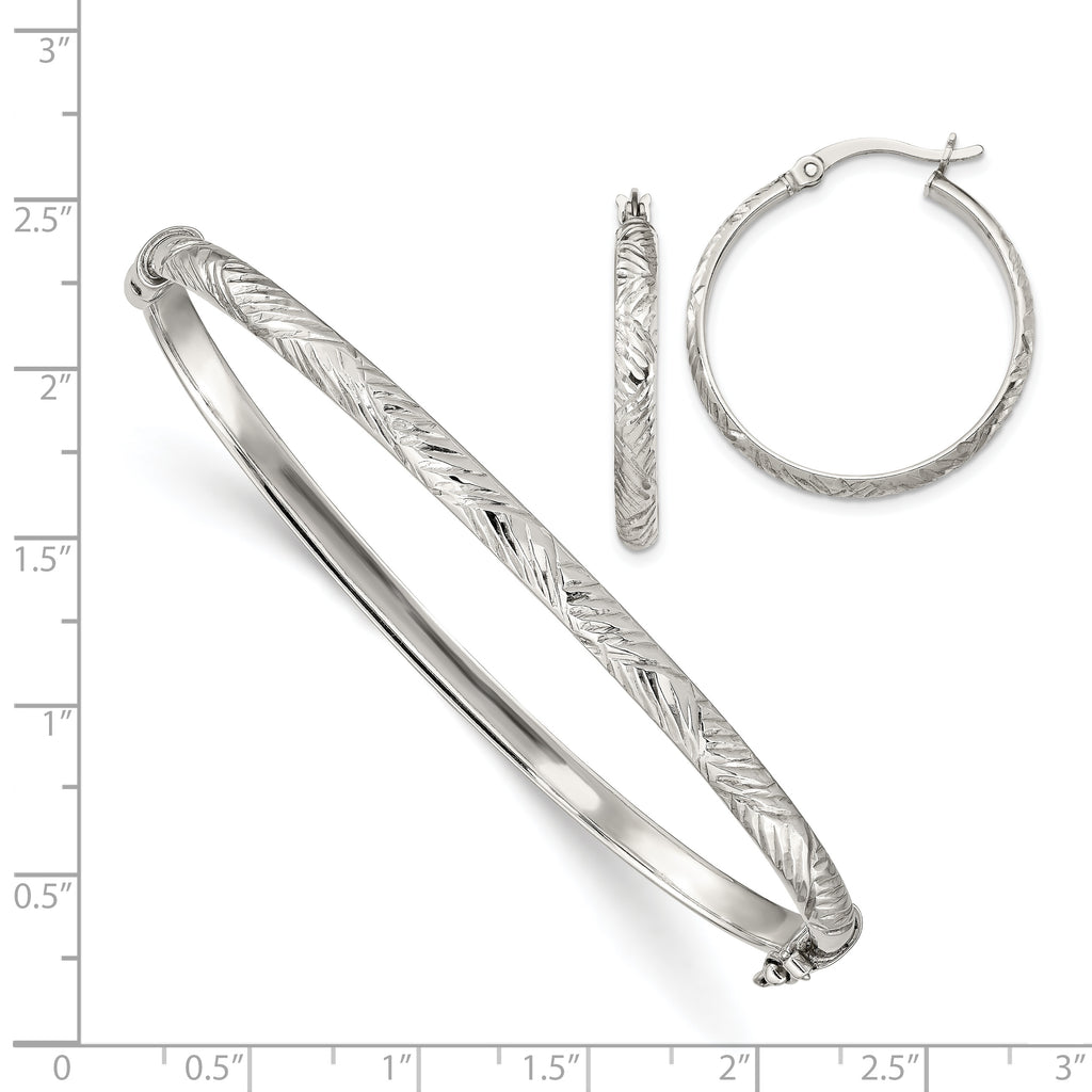 Sterling Silver Diamond Cut 4mm Bangle and 3mm Hoop Earring Set