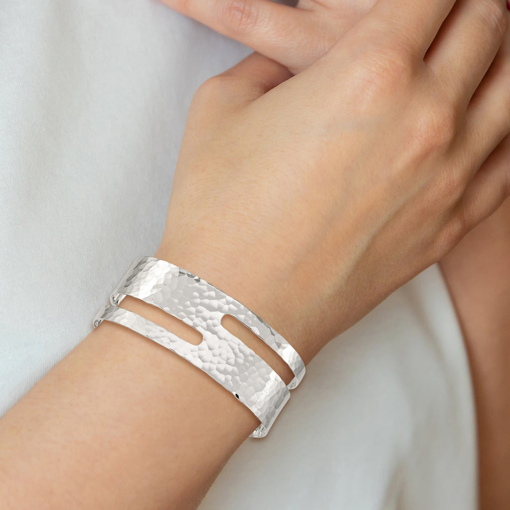 Sophia Jewelers Sterling Silver Hammered Cuff Bangle with Polished Finish