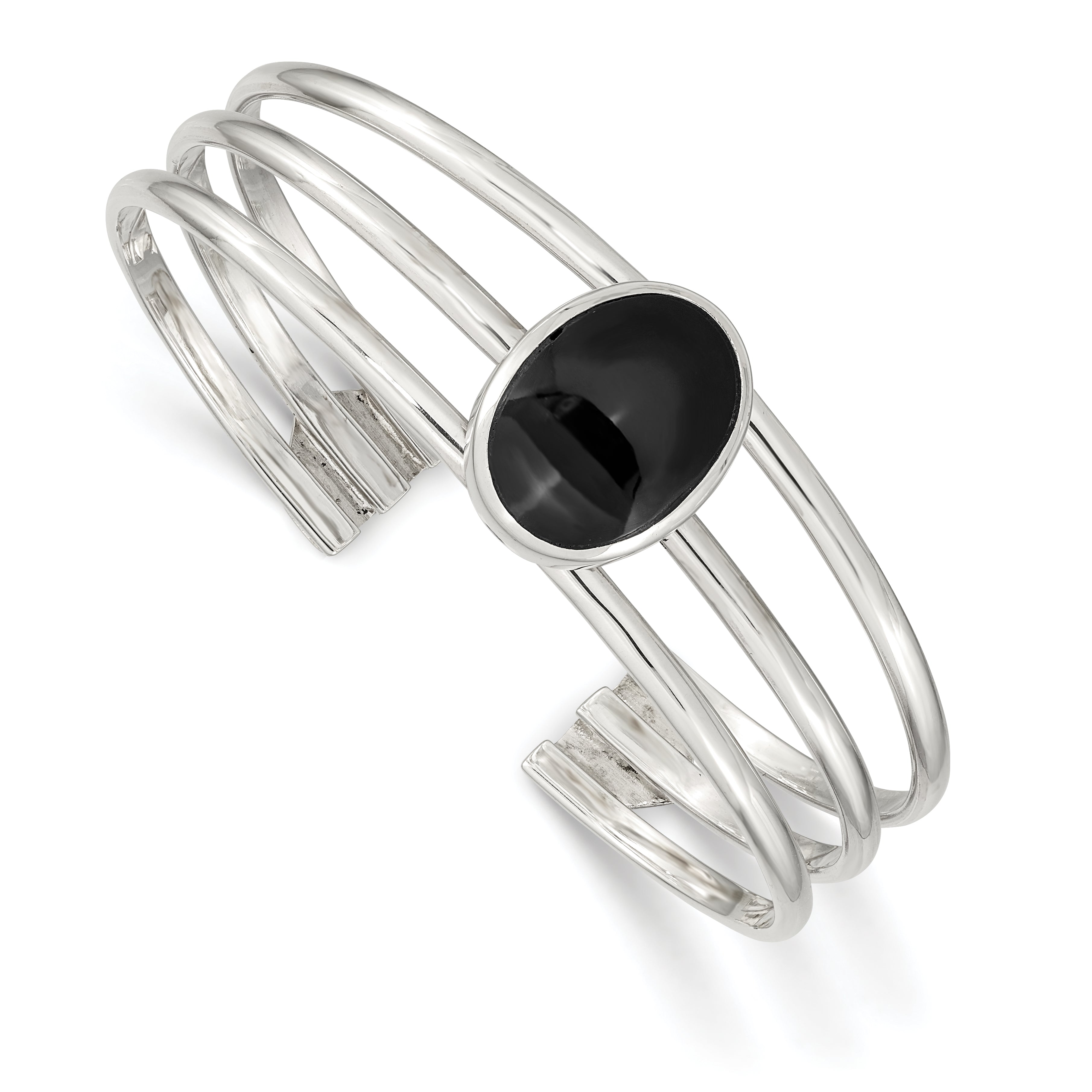 Sterling Silver Onyx Three Strand Cuff Bangle Bracelet Main image
