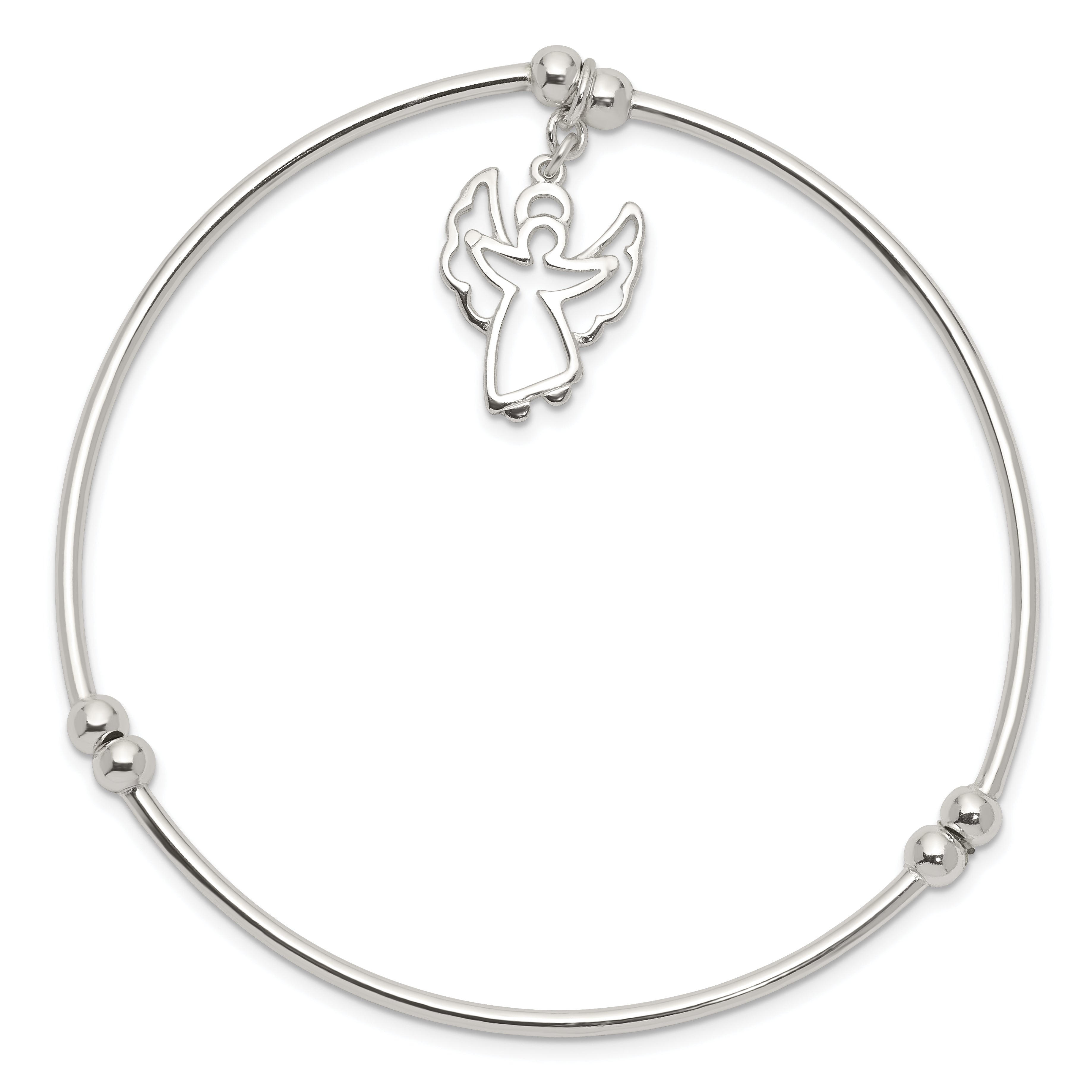 Sterling Silver Rhodium-plated Bead w/Angel Stretch Bangle Bracelet Secondary image