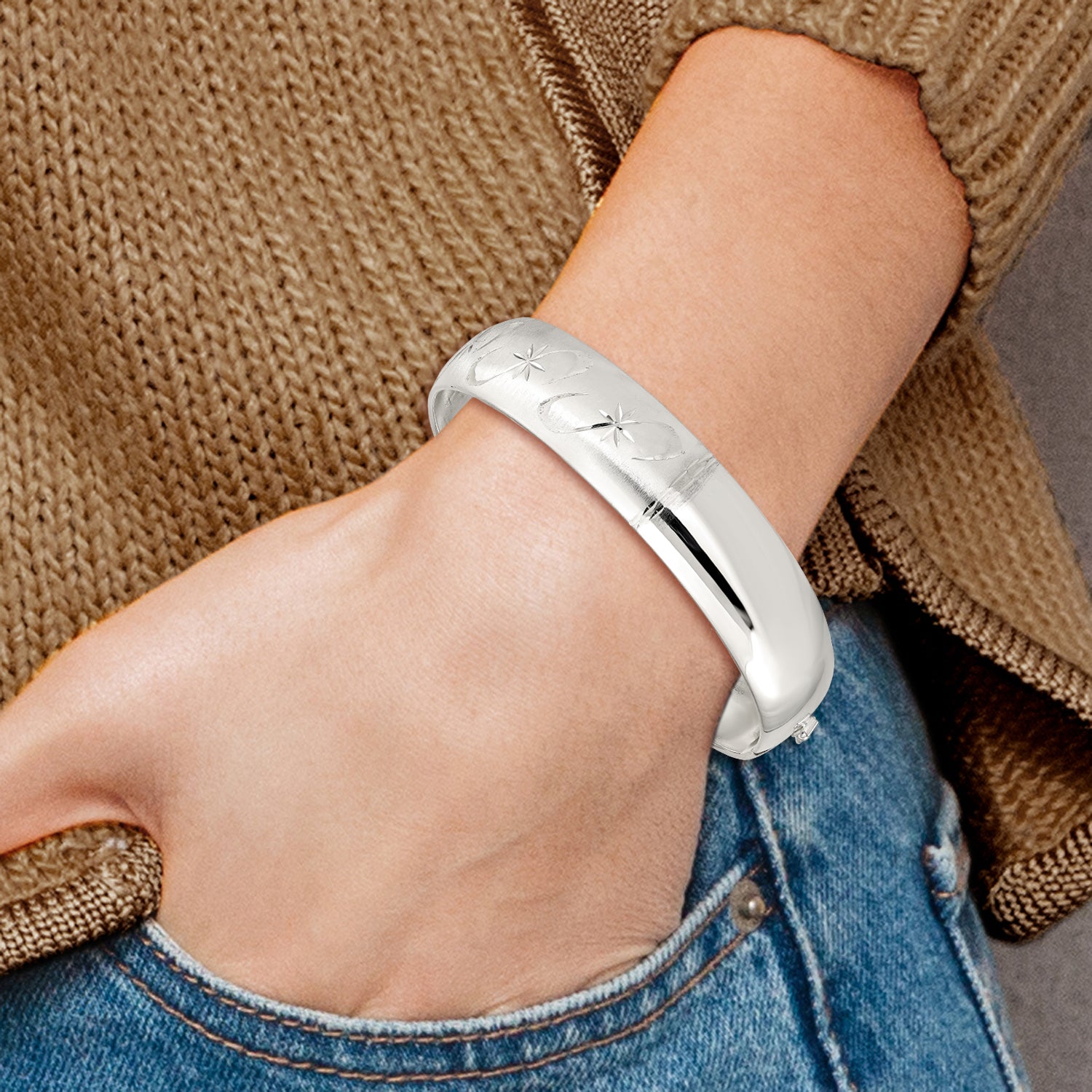 Sterling Silver 925 Adjustable Bangle with Polished Textured Design