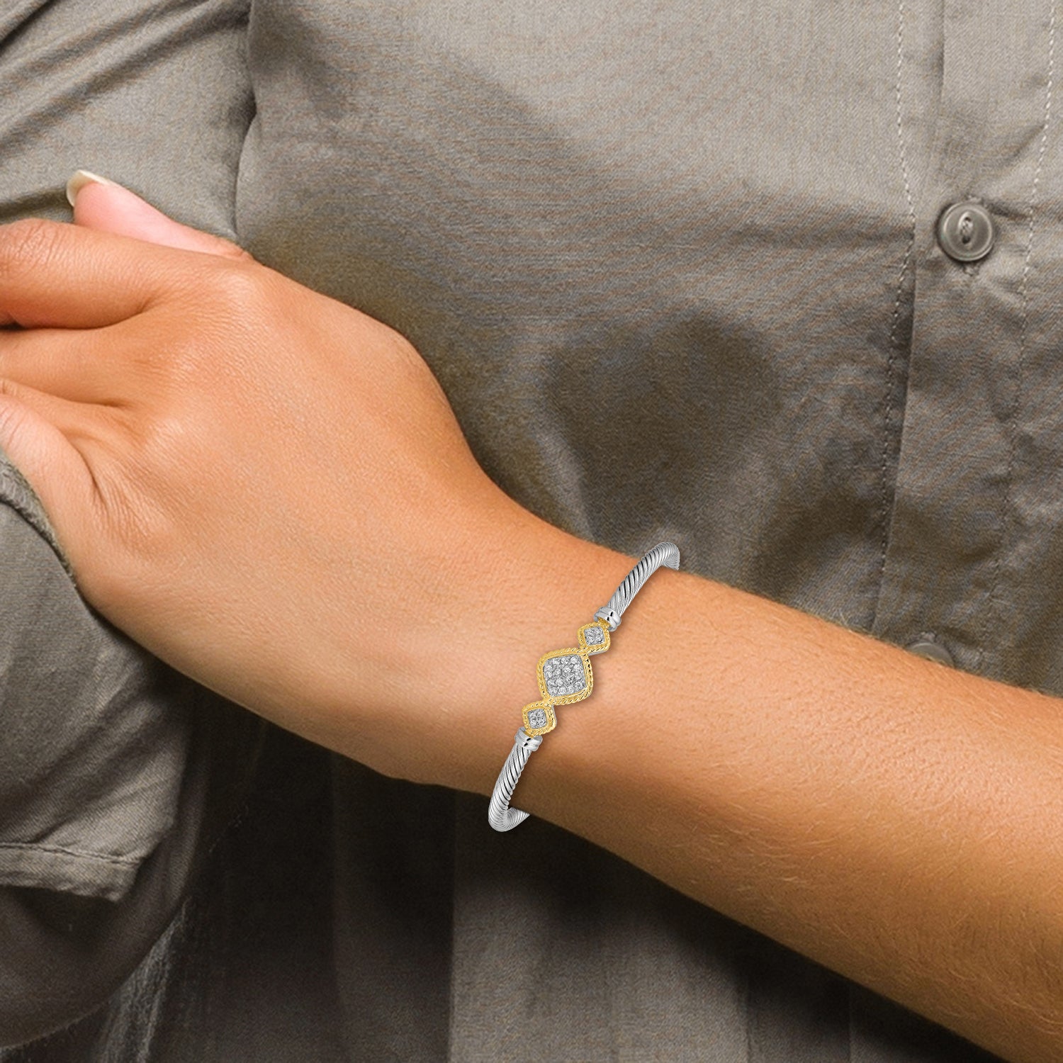 Sterling Silver Vermeil CZ Rope Design Bangle