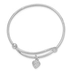 Sterling Silver Adjustable Heart Baby Bangle with Polished Rhodium Finish