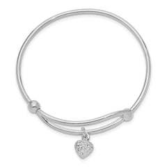 Sterling Silver Adjustable Heart Baby Bangle with Polished Rhodium Finish
