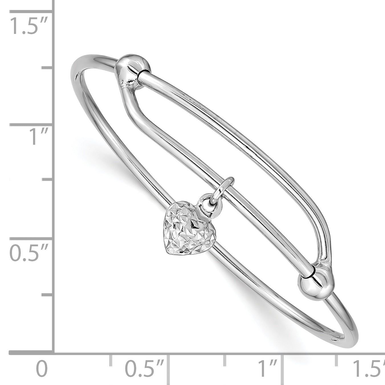 Sterling Silver Adjustable Heart Baby Bangle with Polished Rhodium Finish