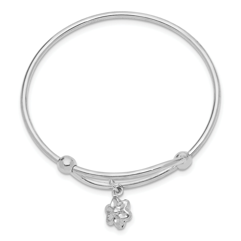Sterling Silver Adjustable Flower Baby Bangle with Rhodium Finish