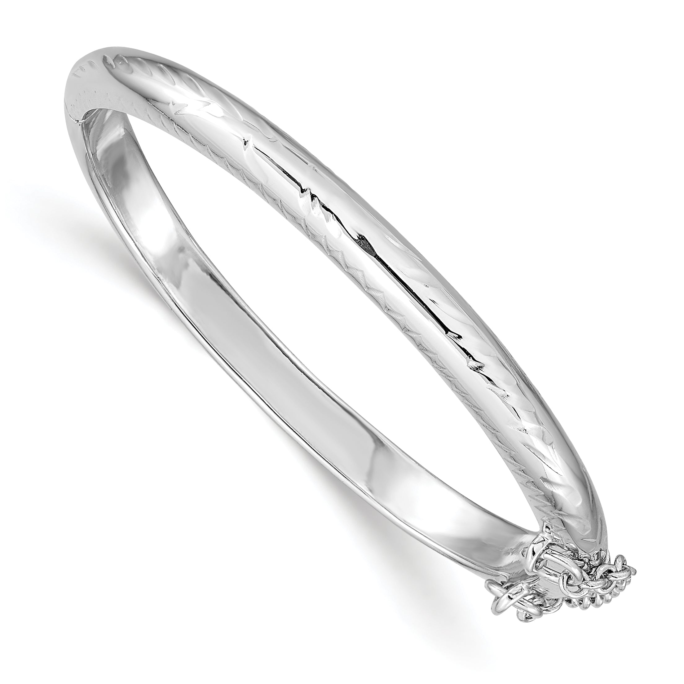 Sterling Silver Rhodium-plated Polished & Diamond-cut 4mm with Safety Clasp Hinged Children's Bangle Main image