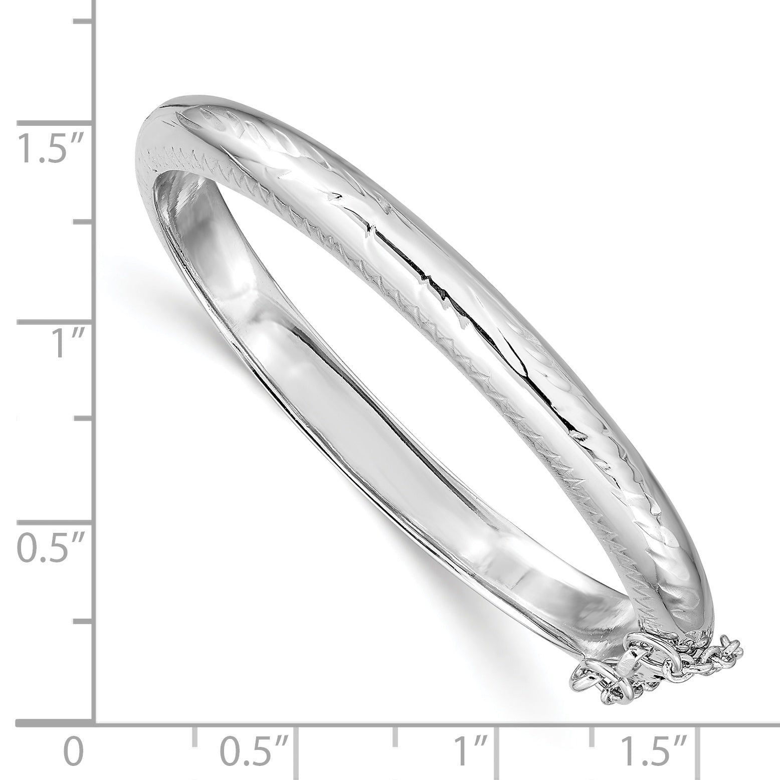 Sterling Silver Rhodium-plated Polished & Diamond-cut 5mm with Safety Clasp Hinged Children's Bangle