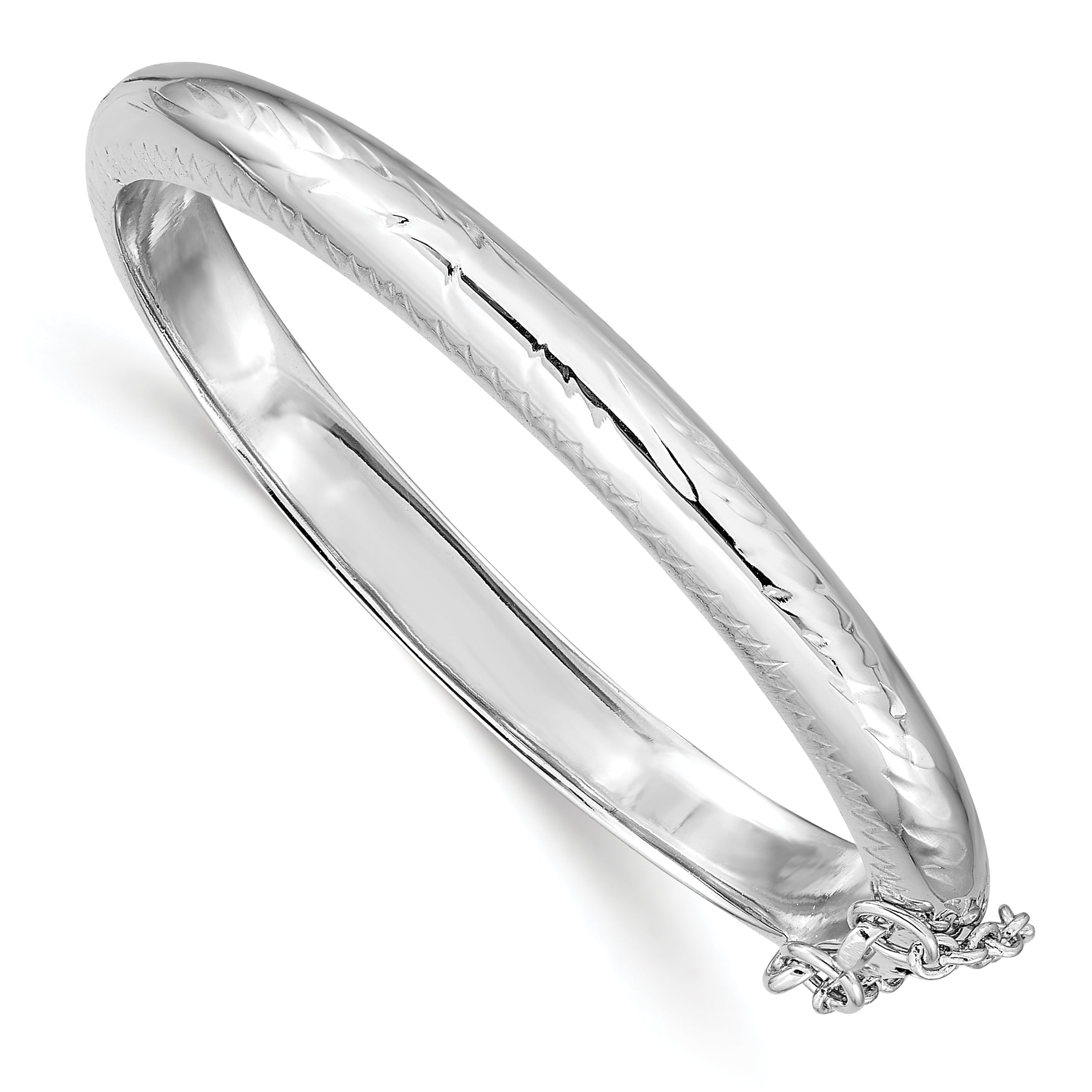 Sterling Silver Rhodium-plated Polished & Diamond-cut 5mm with Safety Clasp Hinged Children's Bangle Main image