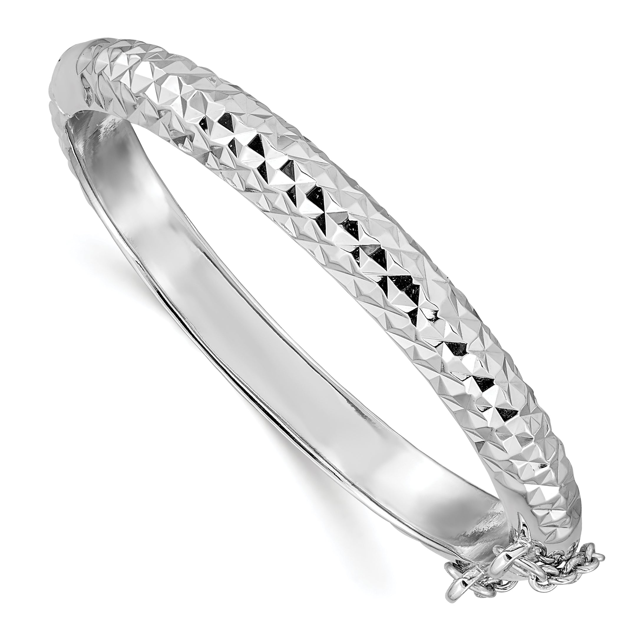 Sterling Silver Rhodium-plated Polished & Diamond-cut 5.5mm with Safety Clasp Hinged Children's Bangle Main image