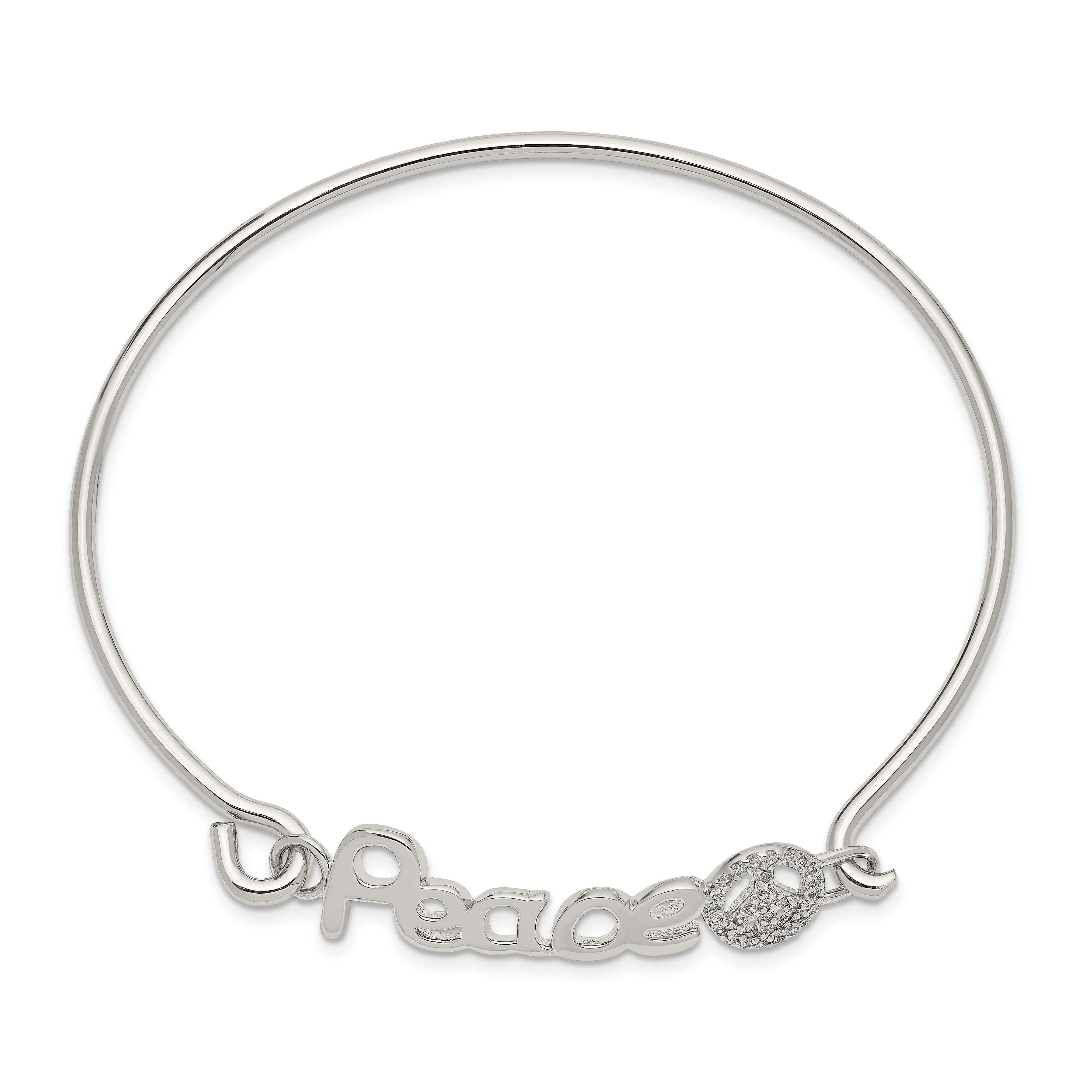 Sterling Silver Rhod-plated Polished CZ PEACE with Peace Sign Bangle