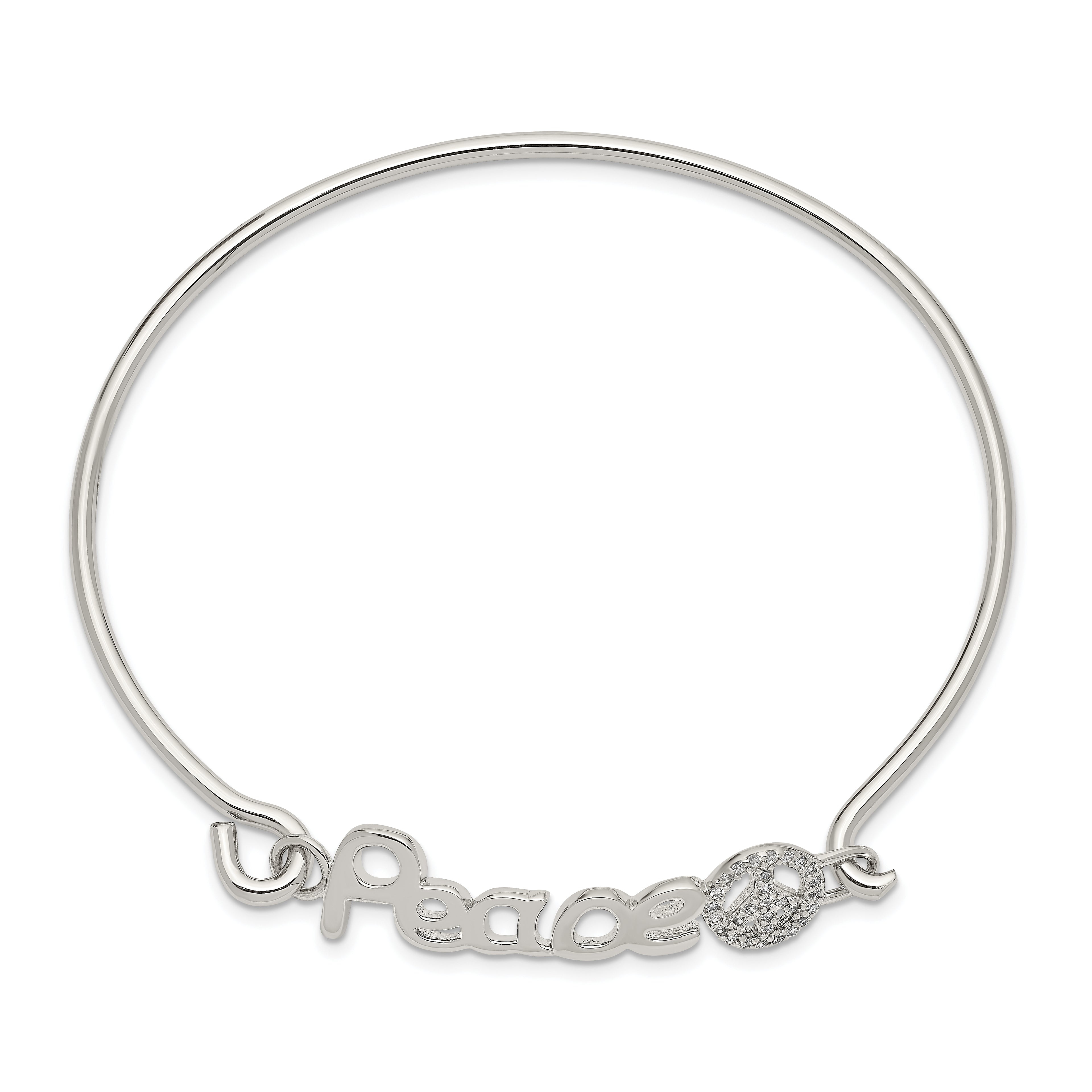 Sterling Silver 925 Polished CZ Peace Bangle with Rhodium Plating
