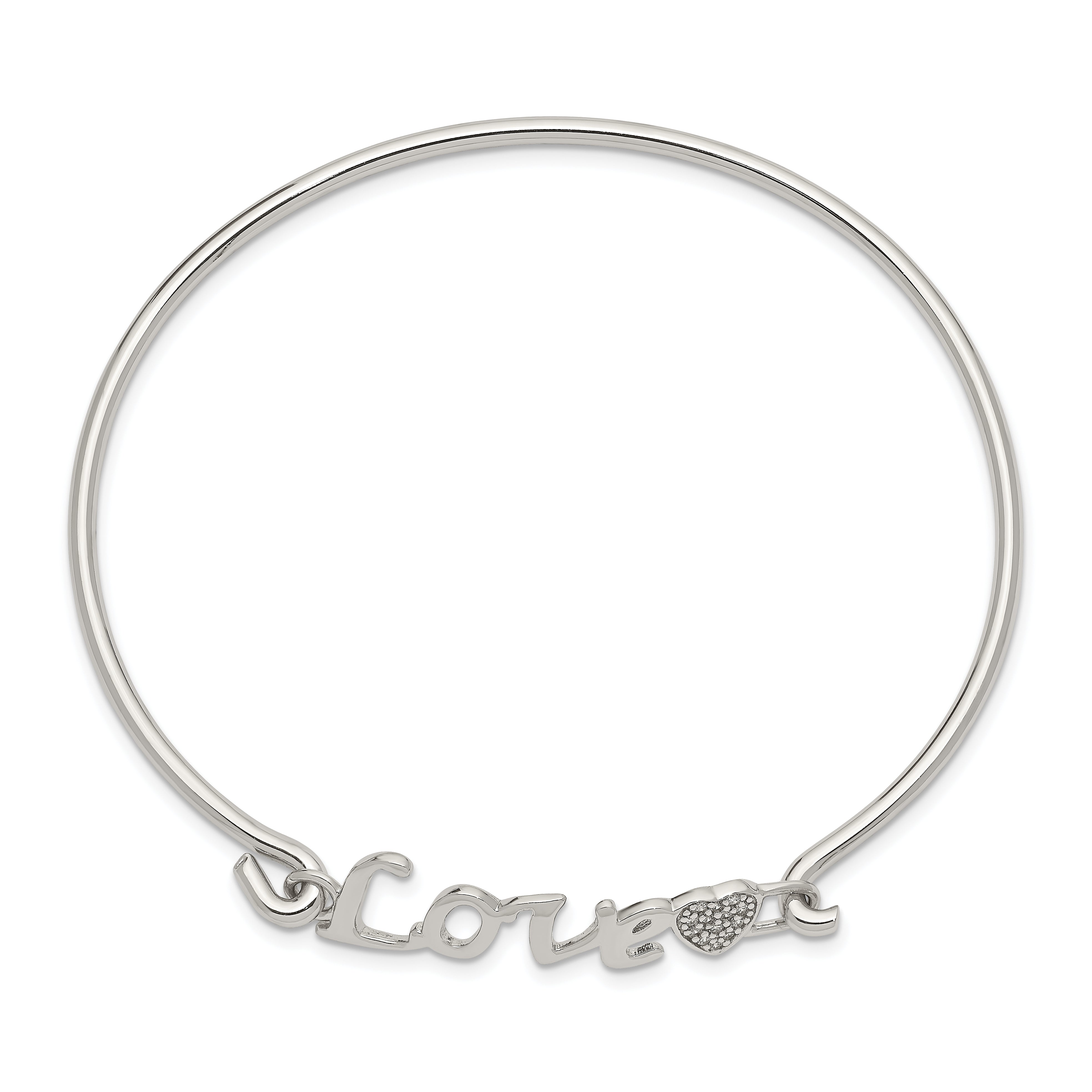 Sterling Silver LOVE Bangle with CZ Heart Rhodium-Plated Polished Finish