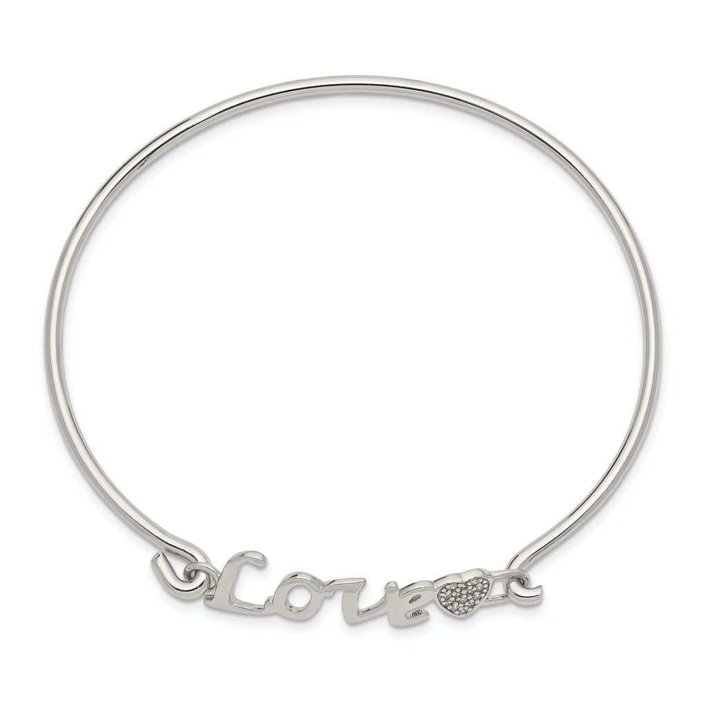 Sterling Silver LOVE Bangle with CZ Heart Rhodium-Plated Polished Finish