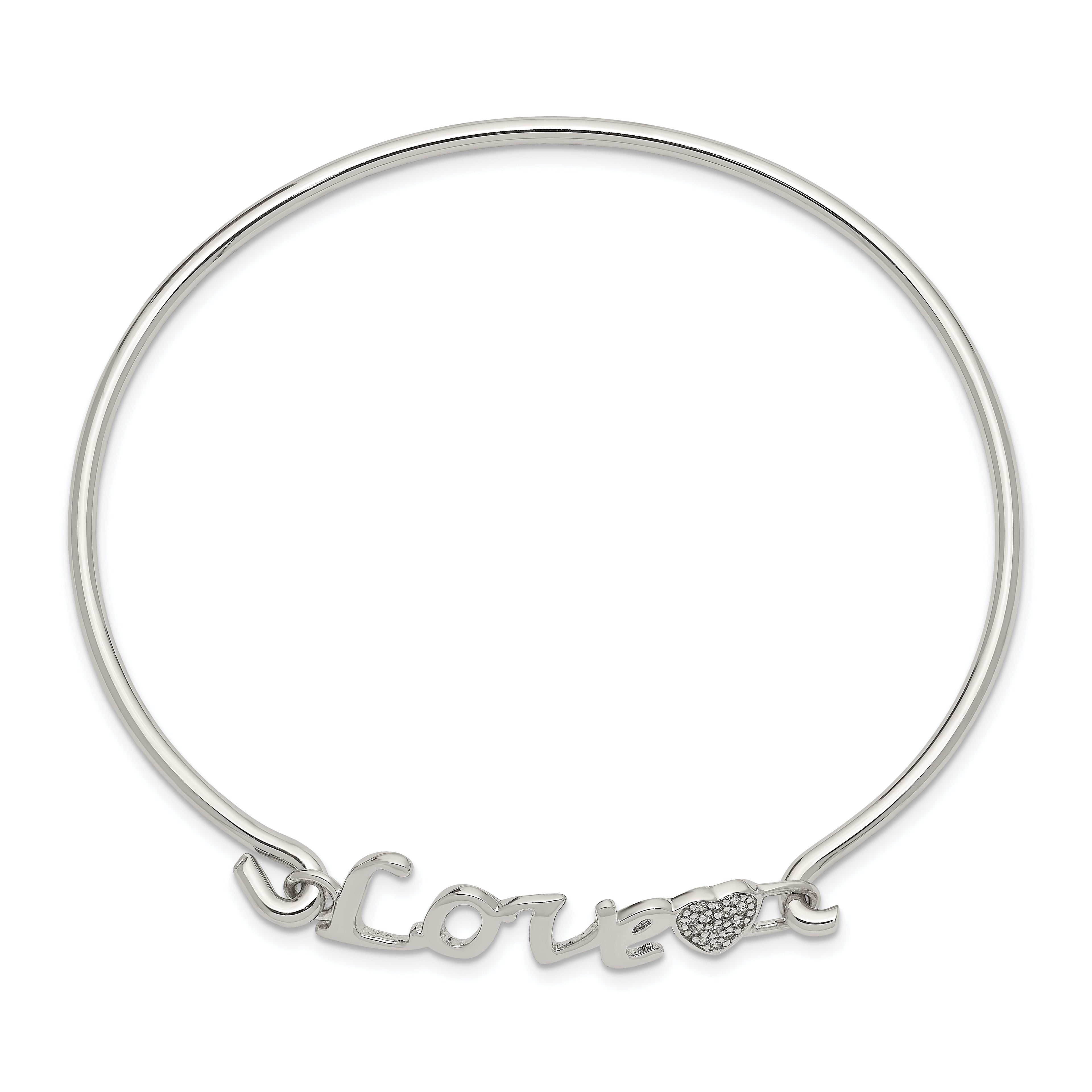 Sterling Silver LOVE Bangle with CZ Heart Rhodium-Plated Polished Finish