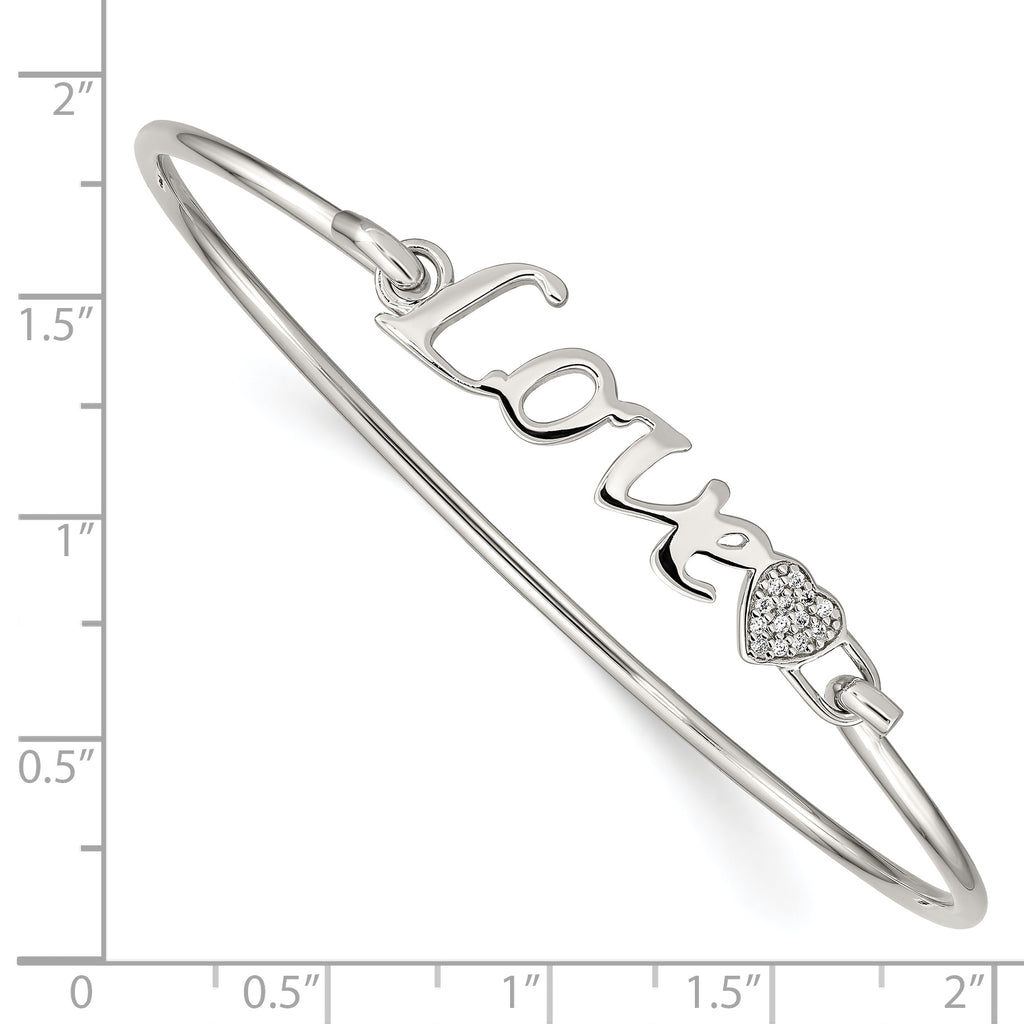 Sterling Silver LOVE Bangle with CZ Heart Rhodium-Plated Polished Finish