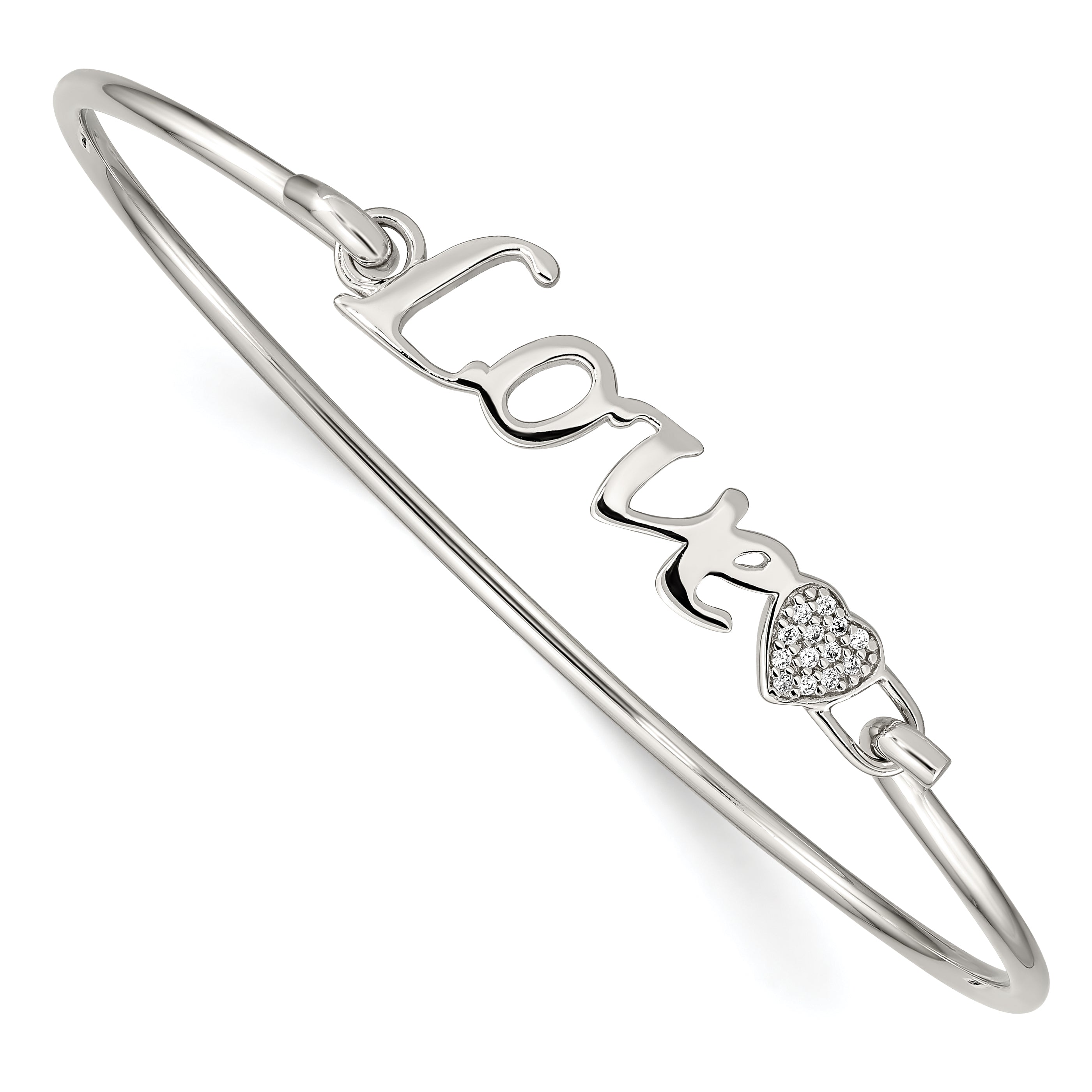 Sterling Silver Rhodium-plated Polished LOVE with CZ Heart Bangle Main image