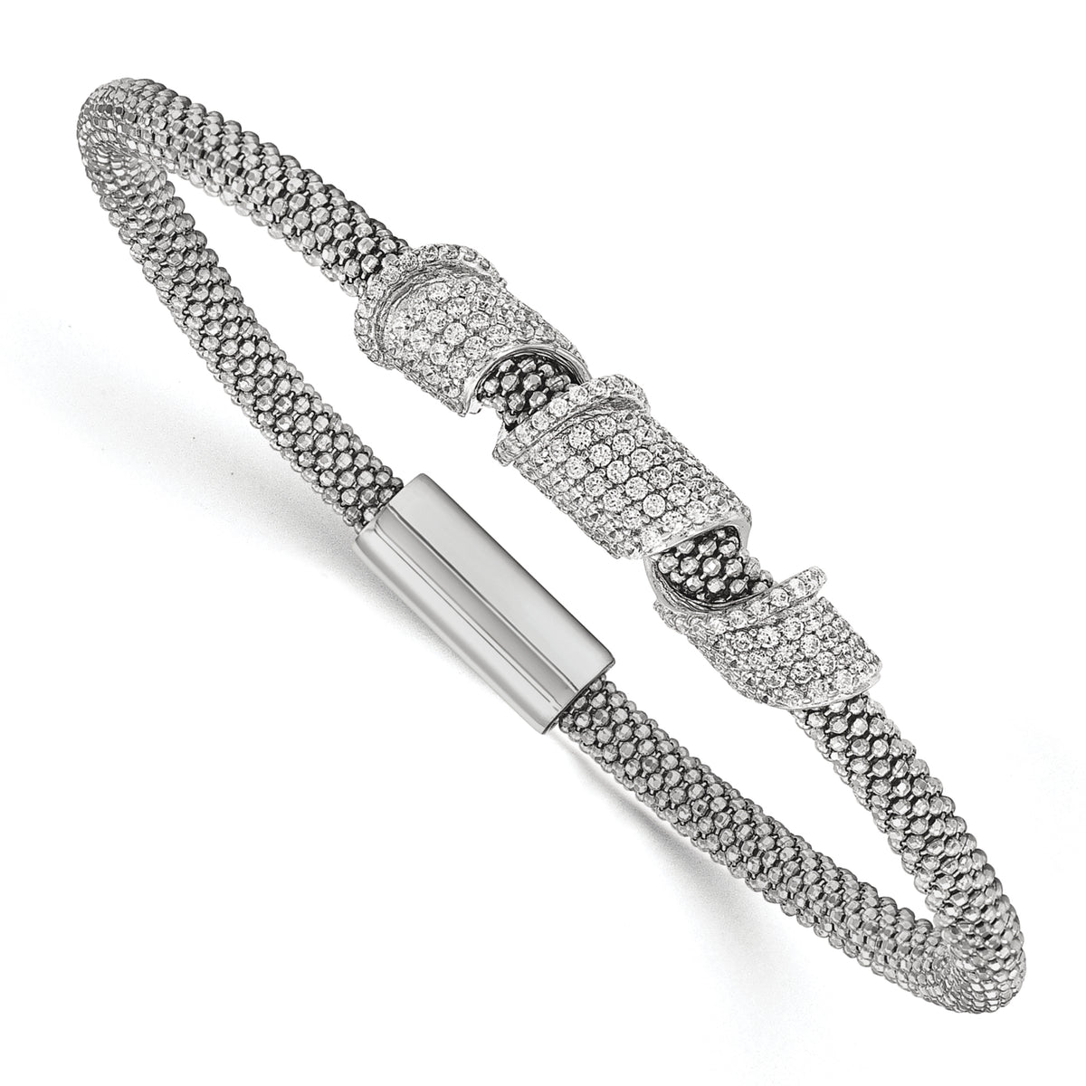 Sterling Silver Rhodium-plated w/ CZ Mesh Bracelet