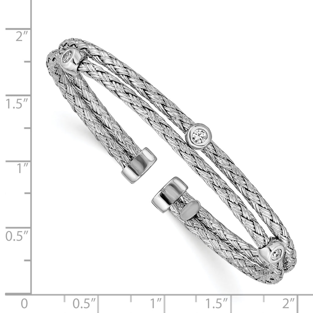 Sterling Silver CZ Cuff Bangle with Polished Rhodium Finish