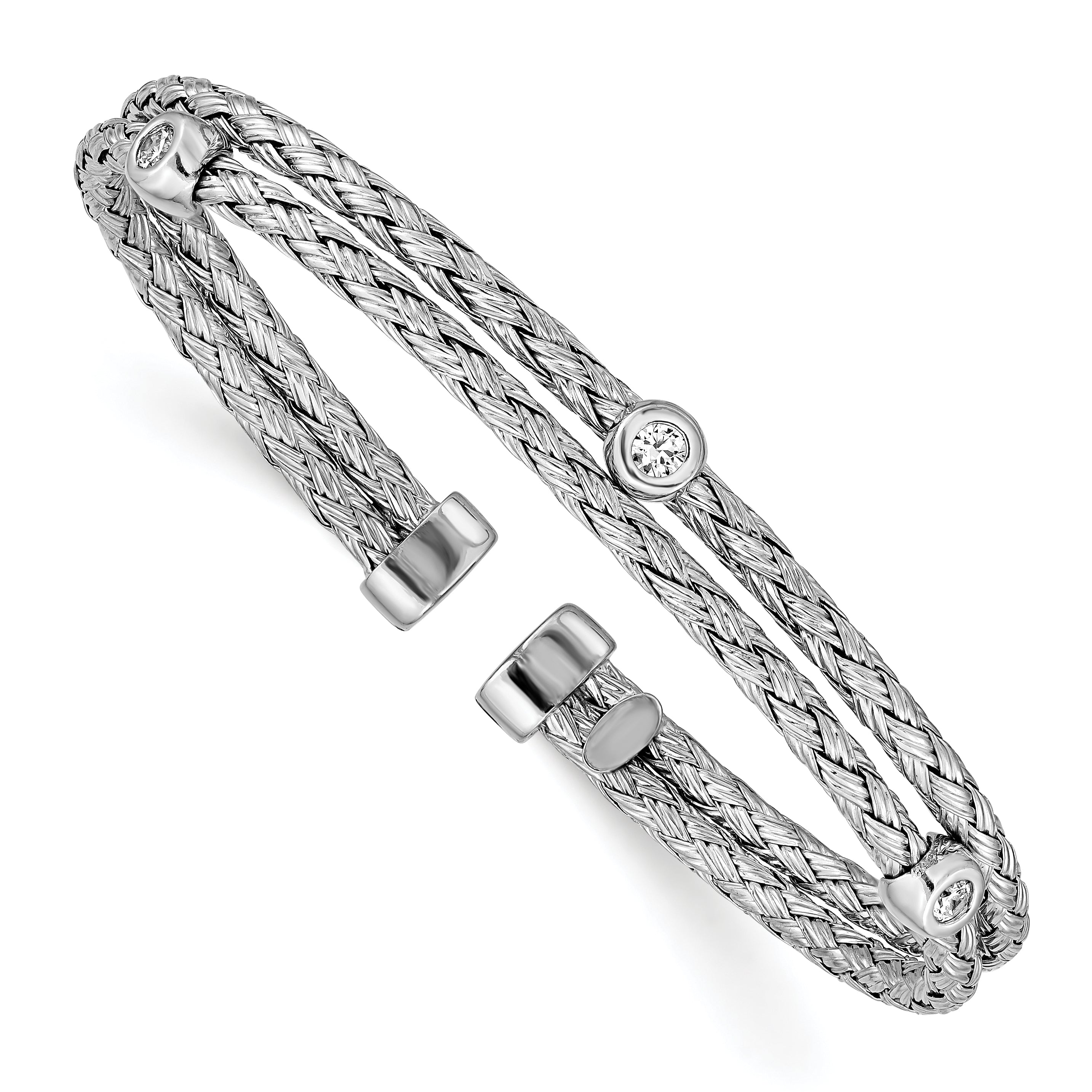Sterling Silver Polished Rhodium-plated Double Strand CZ Cuff Bangle Main image