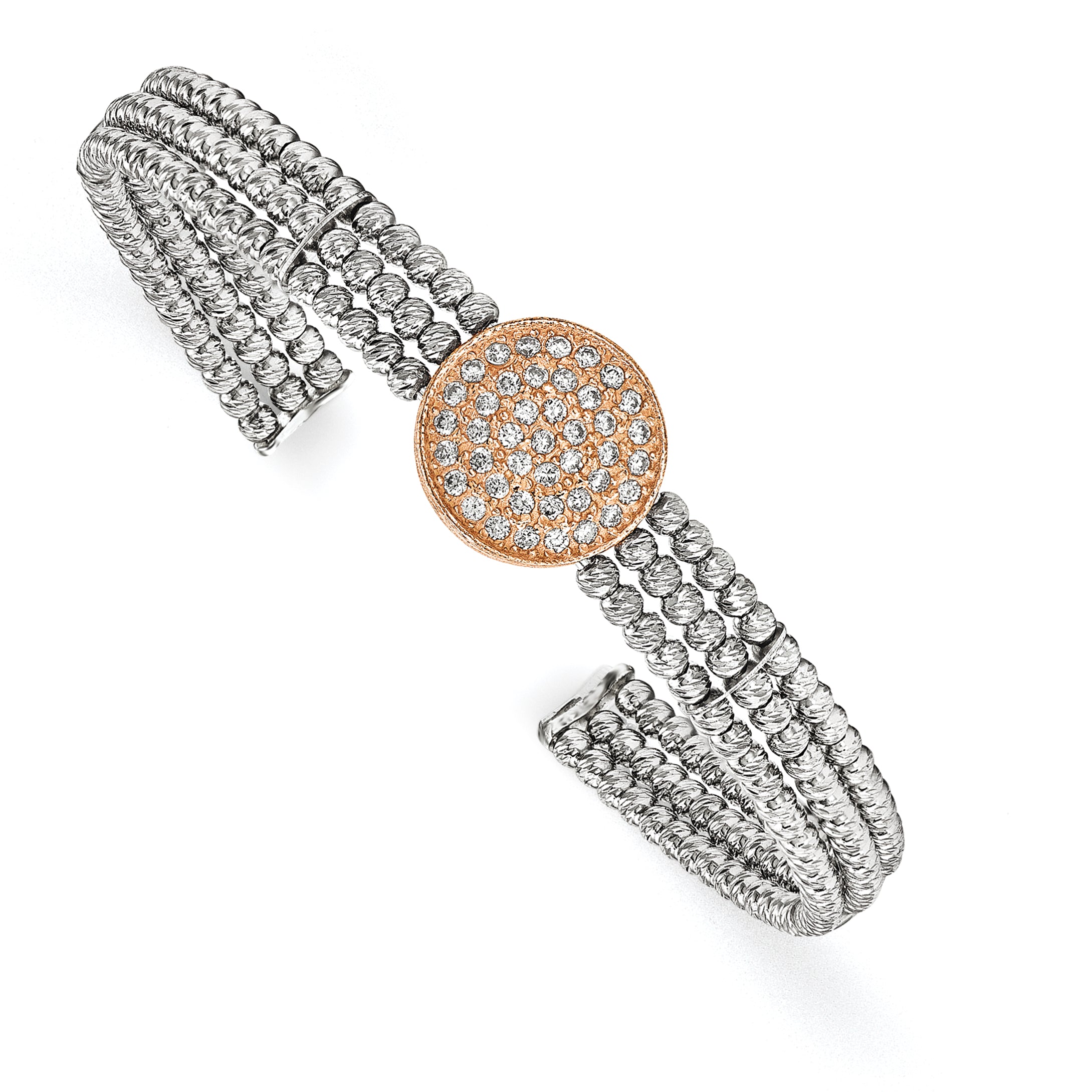 Sterling Silver Rose, Rhodium-plated 3-strand Beaded Swarovski Crystal Cuff Main image